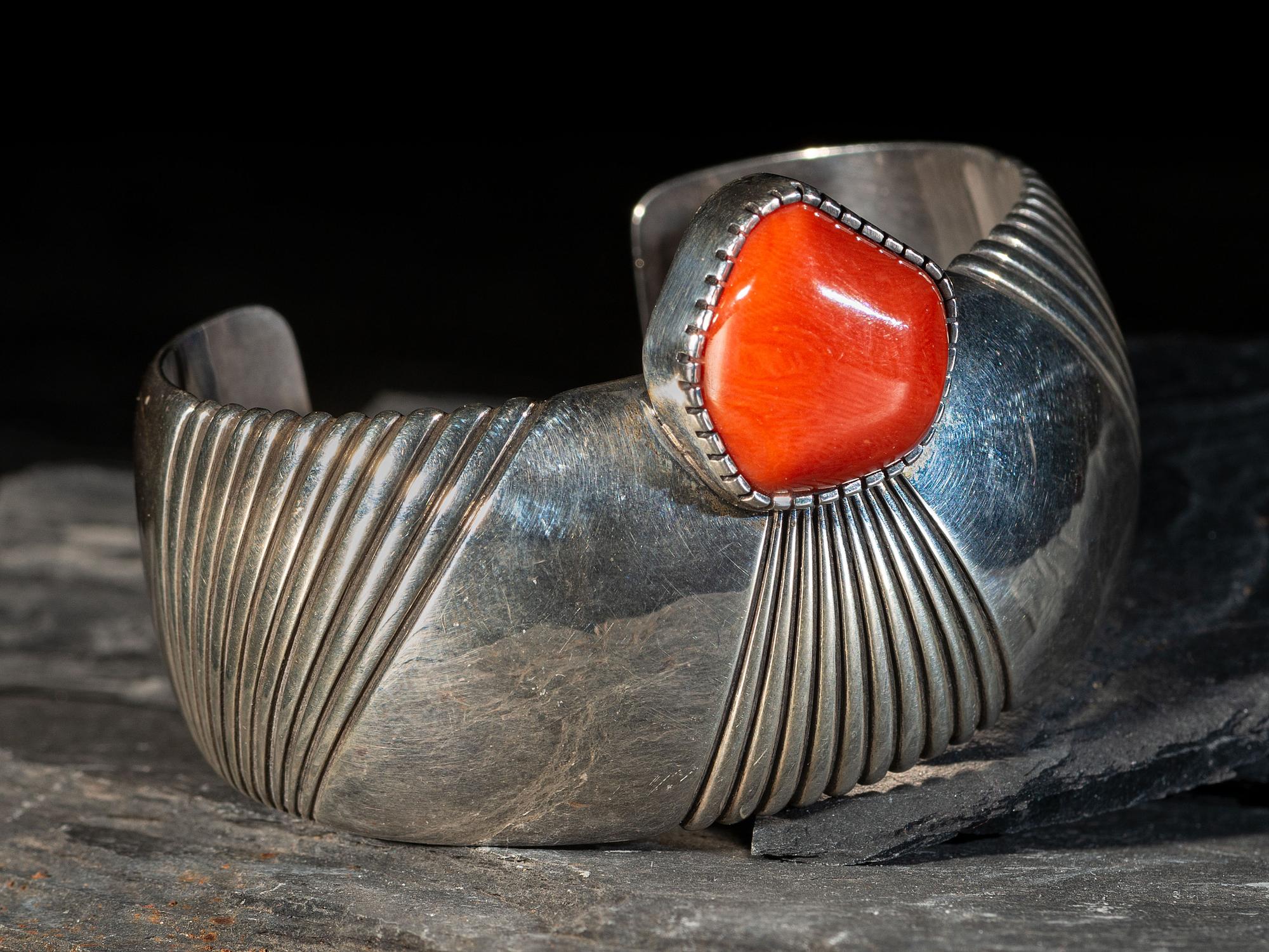 Silver and Coral Cuff Bracelet