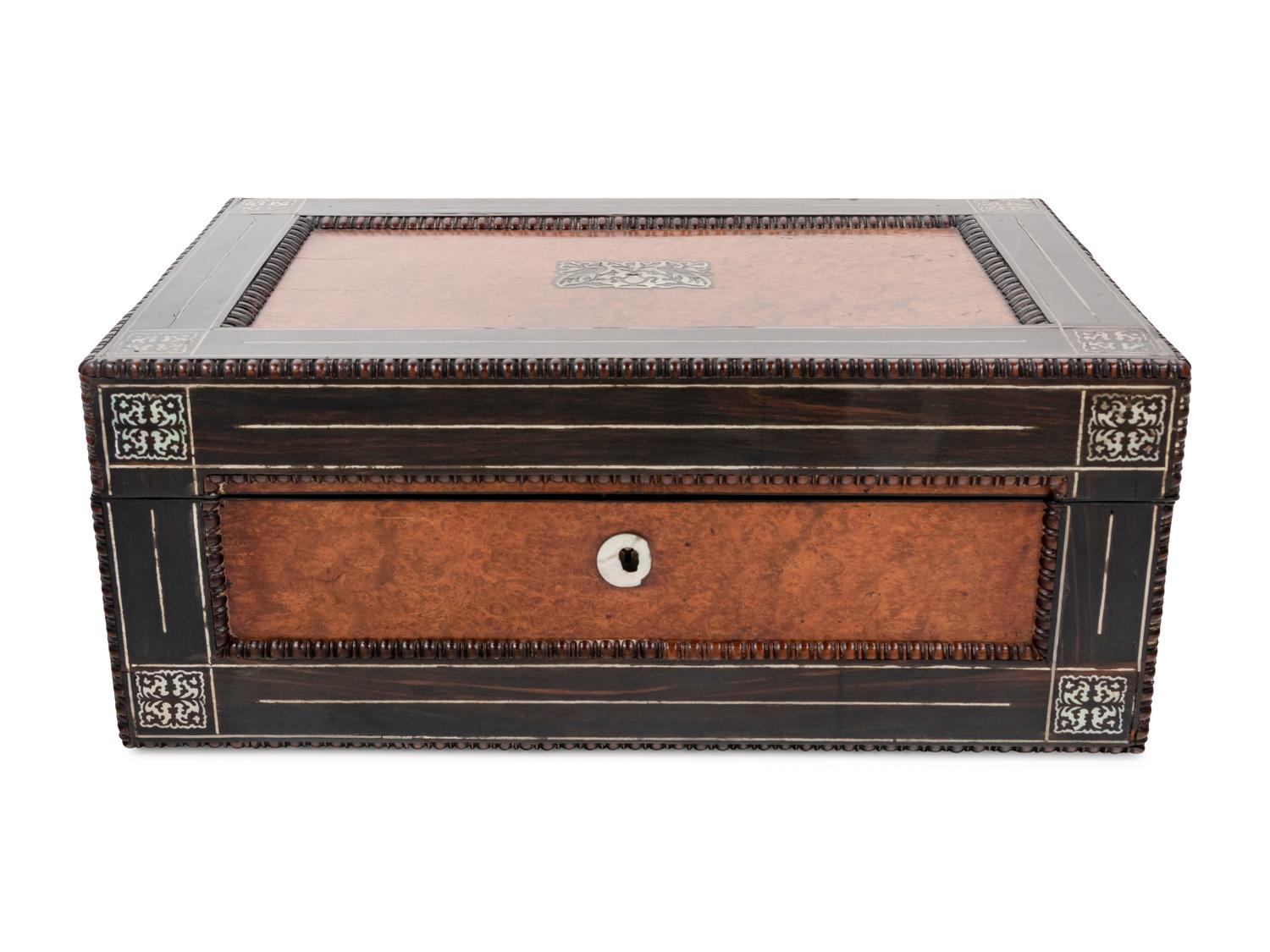 An Early Victorian Mother-of-Pearl Inlaid Amboyna and Burlwood Writing Slope