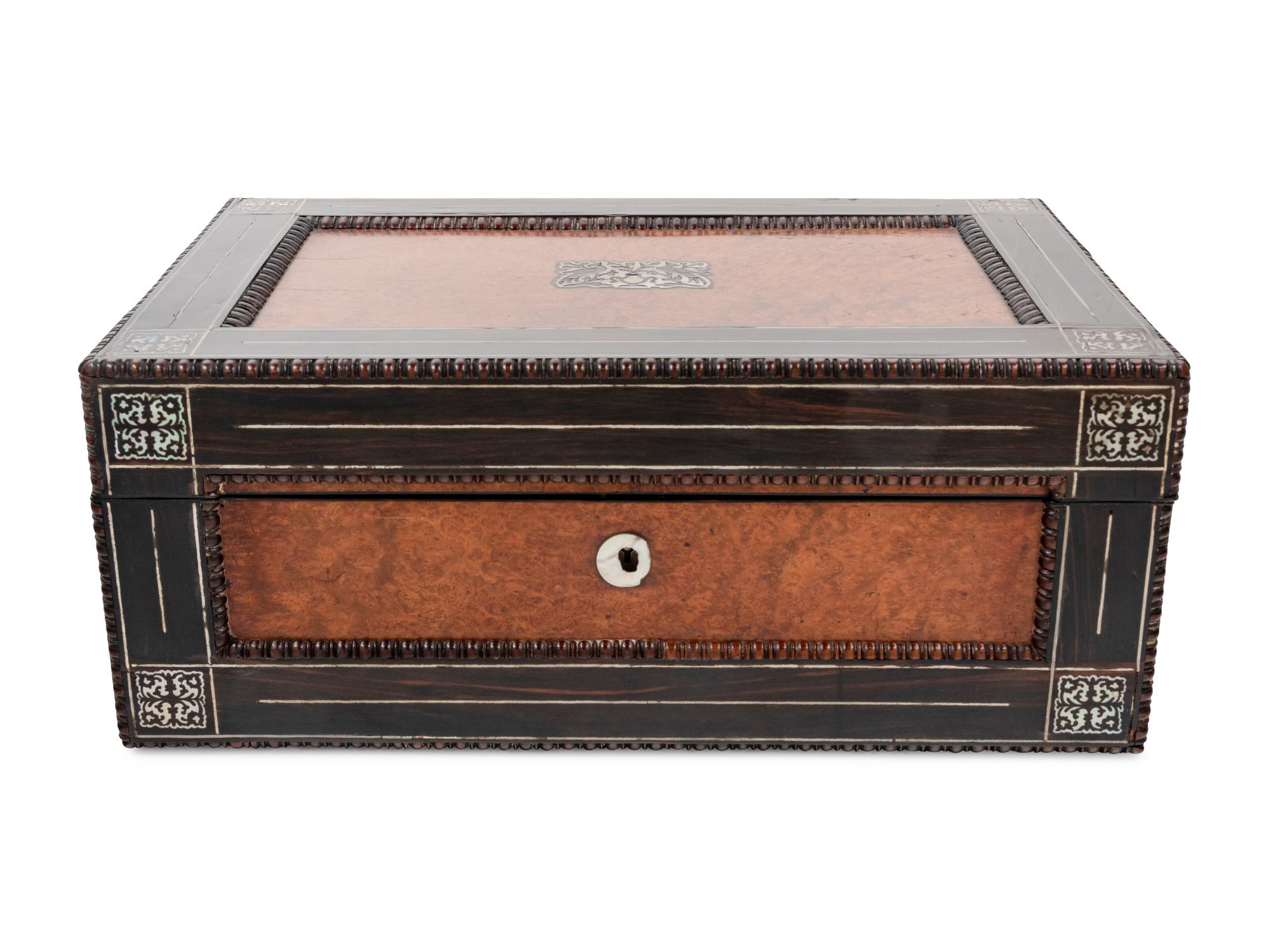 An Early Victorian Mother-of-Pearl Inlaid Amboyna and Burlwood Writing Slope
