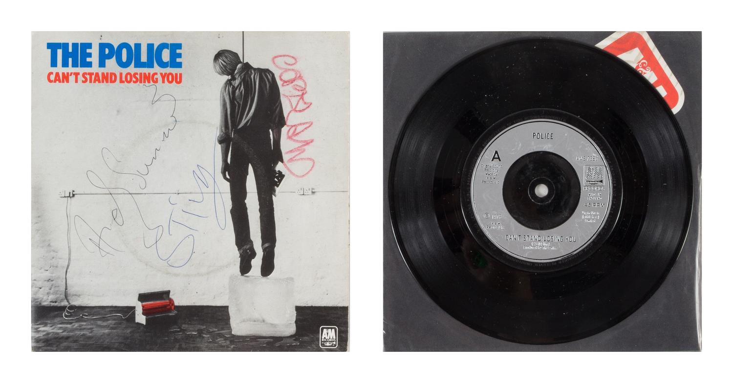 A The Police: Can't Stand Losing You Autographed Album Cover 7 1/4 x 7 1/4 inches.