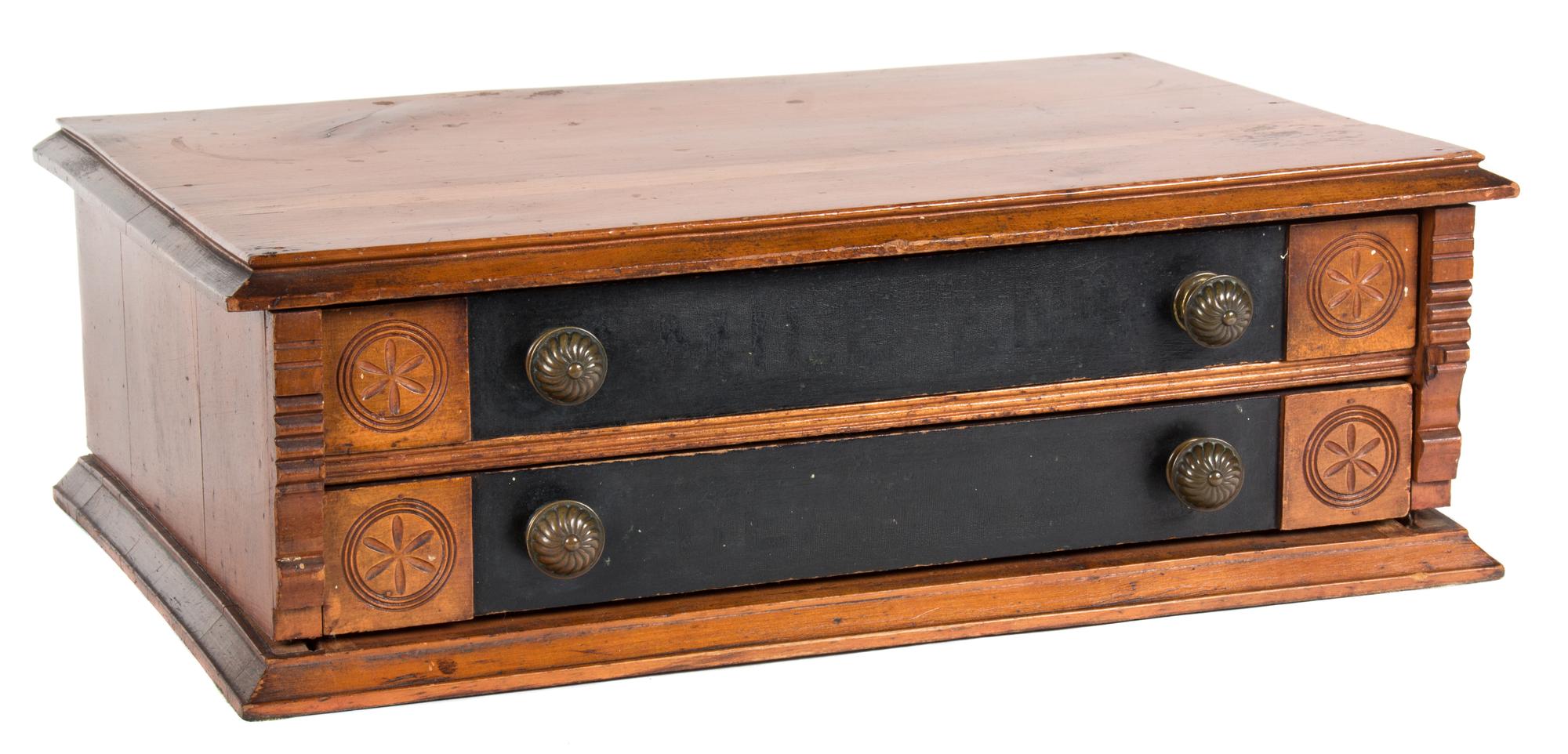 An American Carved and Stained Pine Box Height 7 1/2 x width 22 3/4 x depth 14 1/2 inches. — EARLY 20TH CENTURY