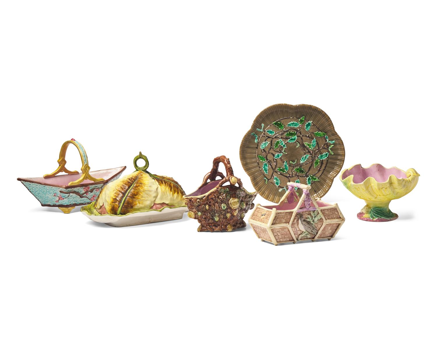 An Assorted Collection of Six Majolica Tablewares