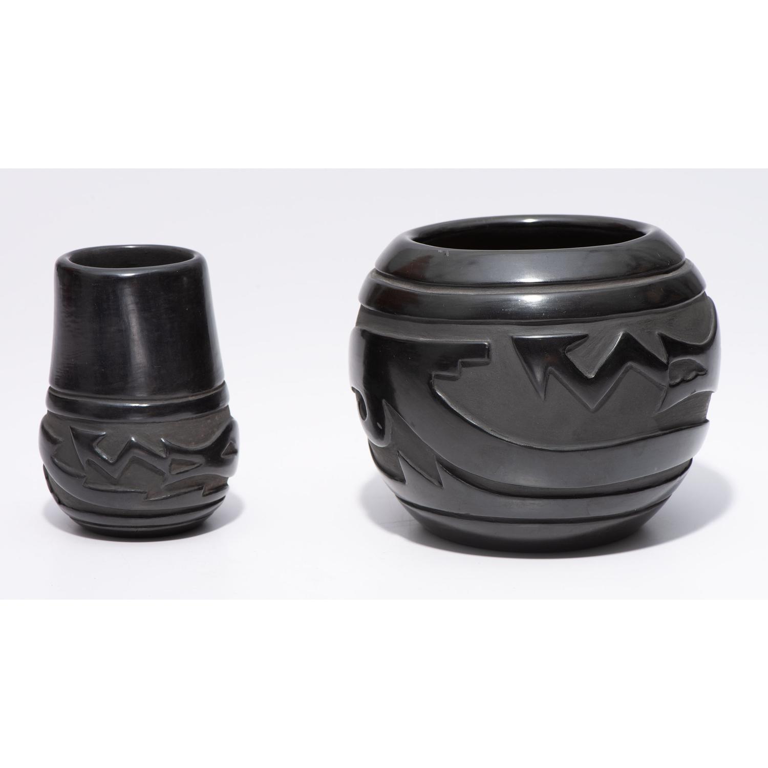 Carved Blackware Pottery Jars, Carved with Avanyu