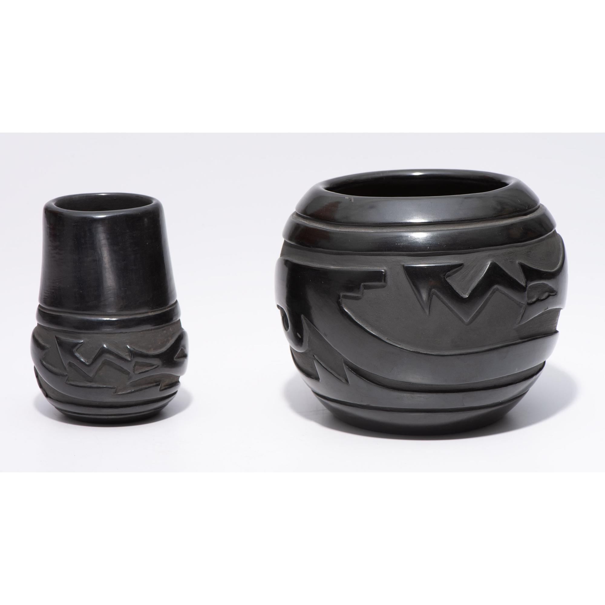 Carved Blackware Pottery Jars, Carved with Avanyu