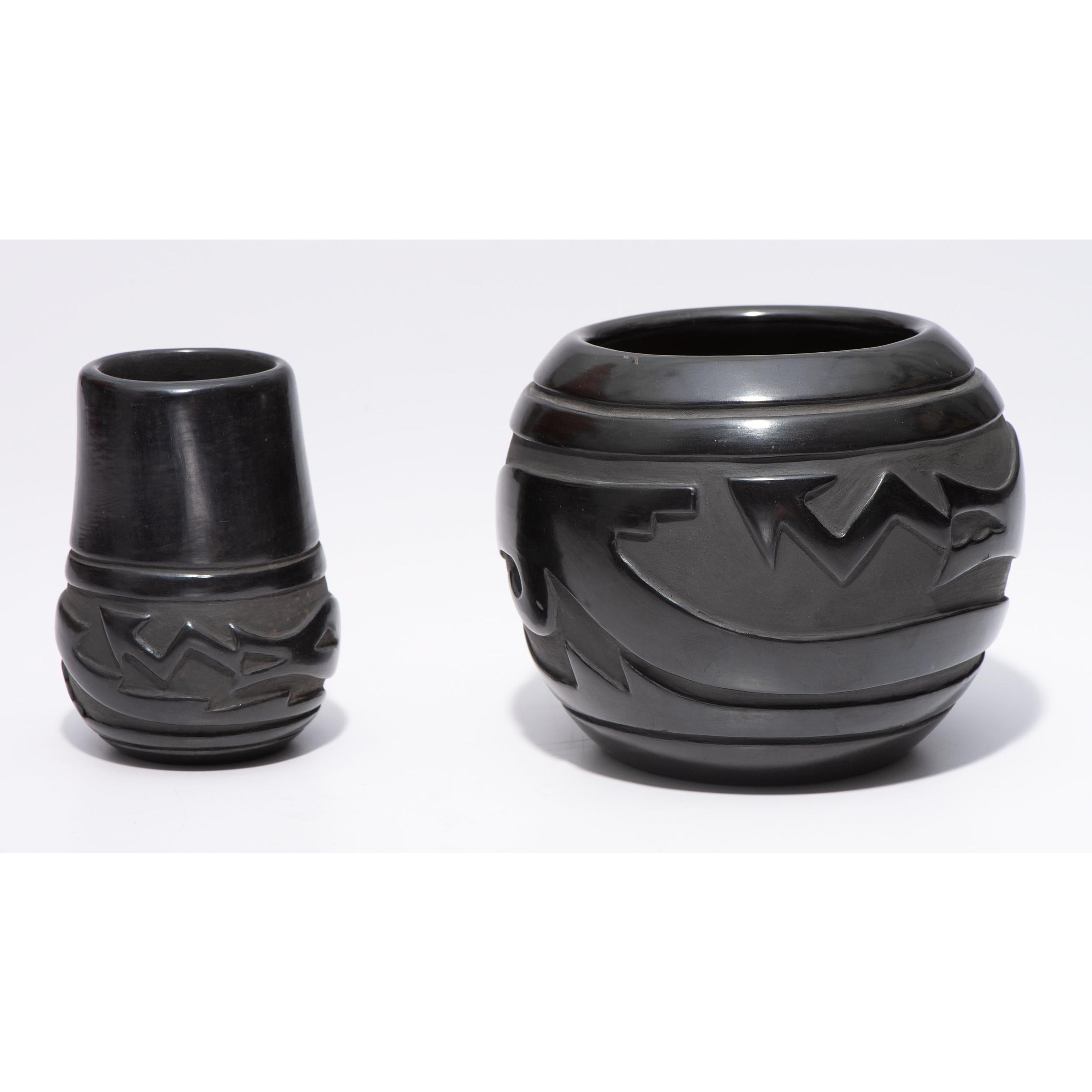 Carved Blackware Pottery Jars, Carved with Avanyu