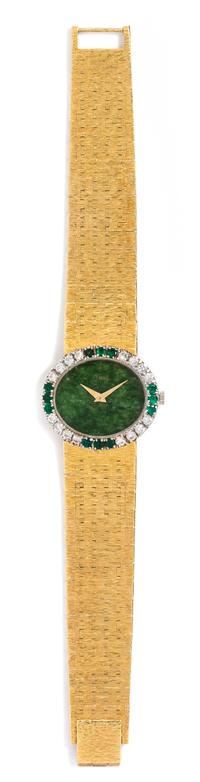 An 18 Karat Yellow Gold, Diamond, Emerald, and Nephrite Jade Wristwatch, Piaget,
