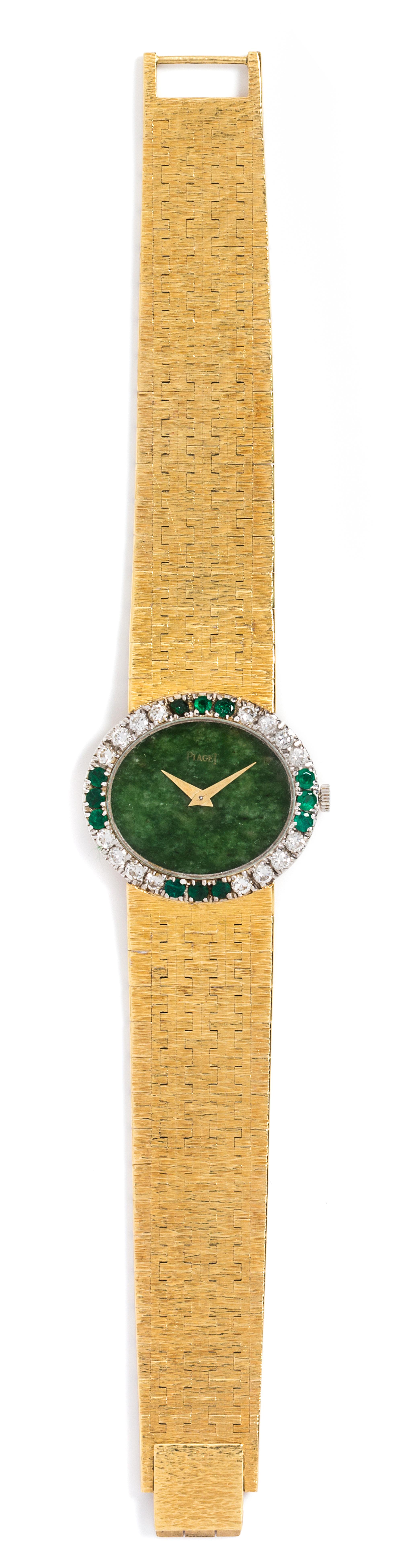 An 18 Karat Yellow Gold, Diamond, Emerald, and Nephrite Jade Wristwatch, Piaget,