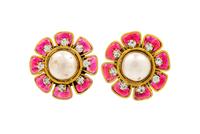 A Pair of Chanel Floral Earclips, 1.4" diameter.