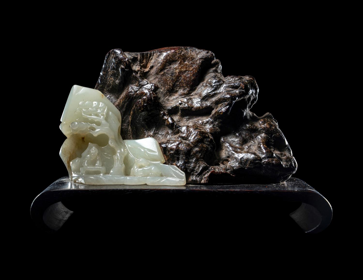 A Carved Celadon Jade and Rootwood Mountain
