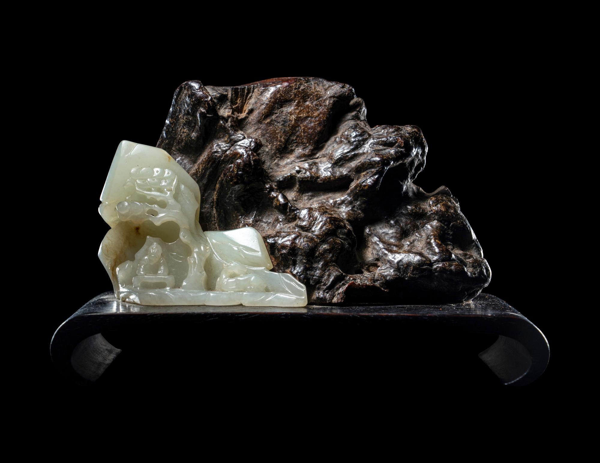 A Carved Celadon Jade and Rootwood Mountain