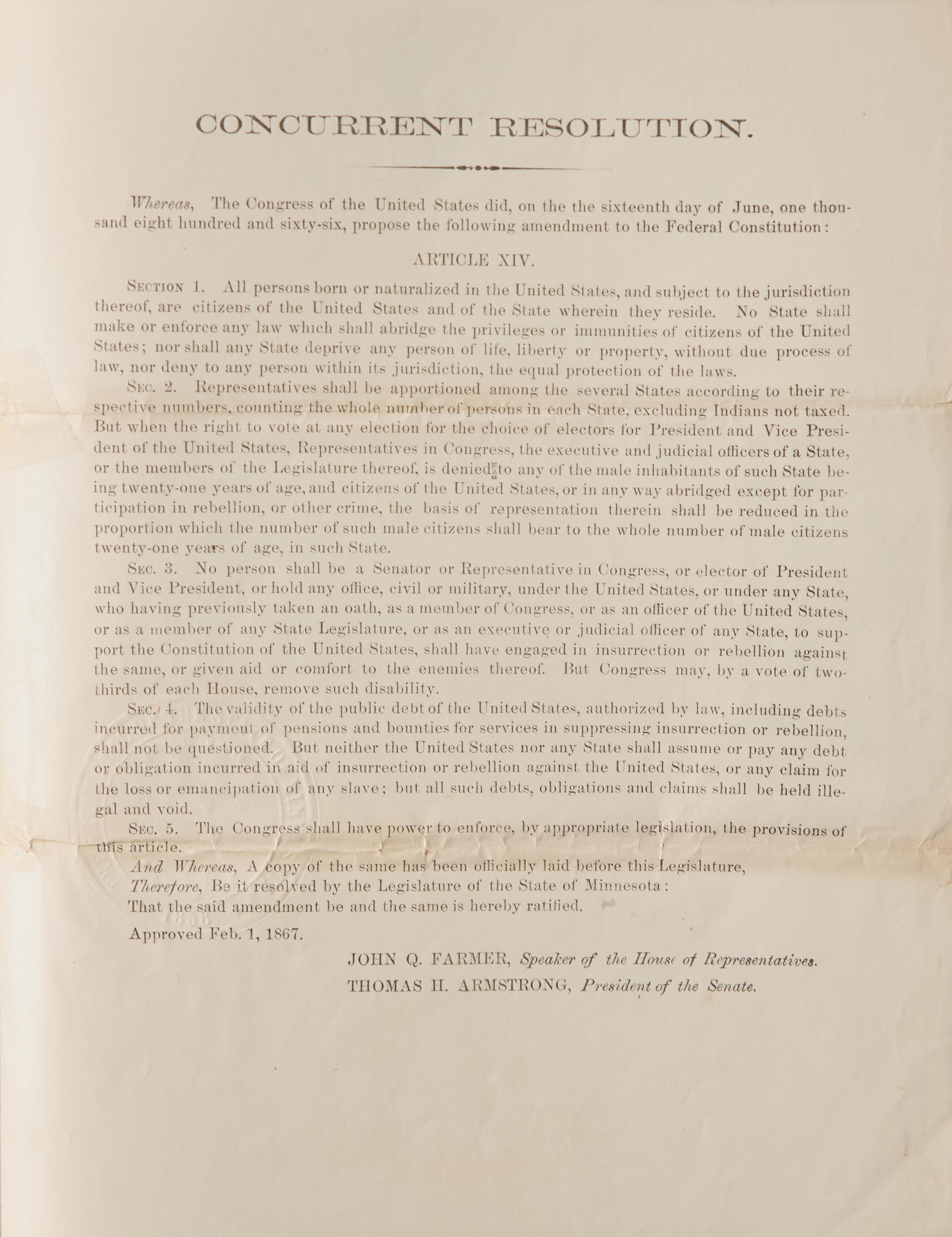 [African-Americana] (Fourteenth Amendment) The State of Minnesota Officially Certifies the Fourteenth Amendment to the Constitution Of the United States