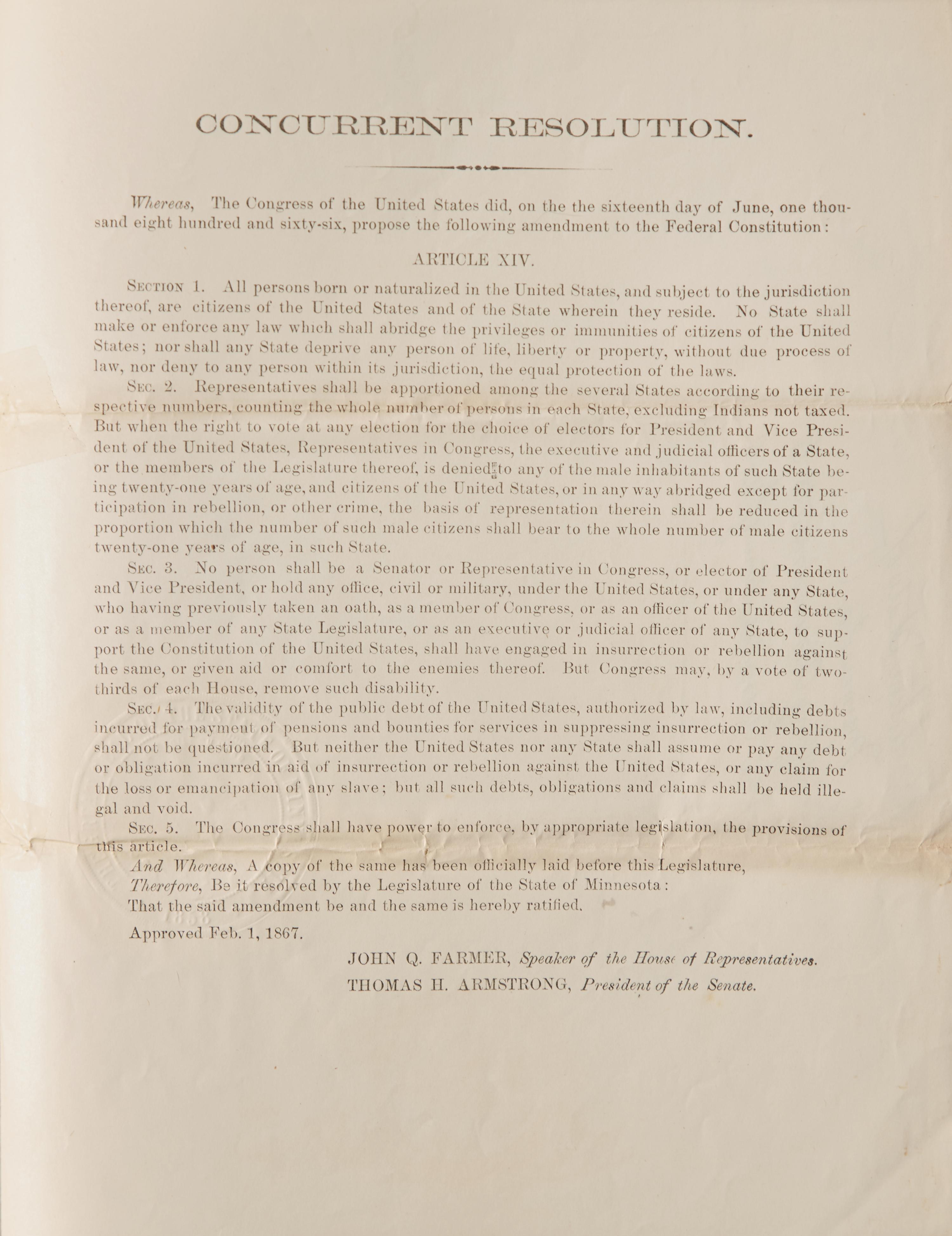[African-Americana] (Fourteenth Amendment) The State of Minnesota Officially Certifies the Fourteenth Amendment to the Constitution Of the United States