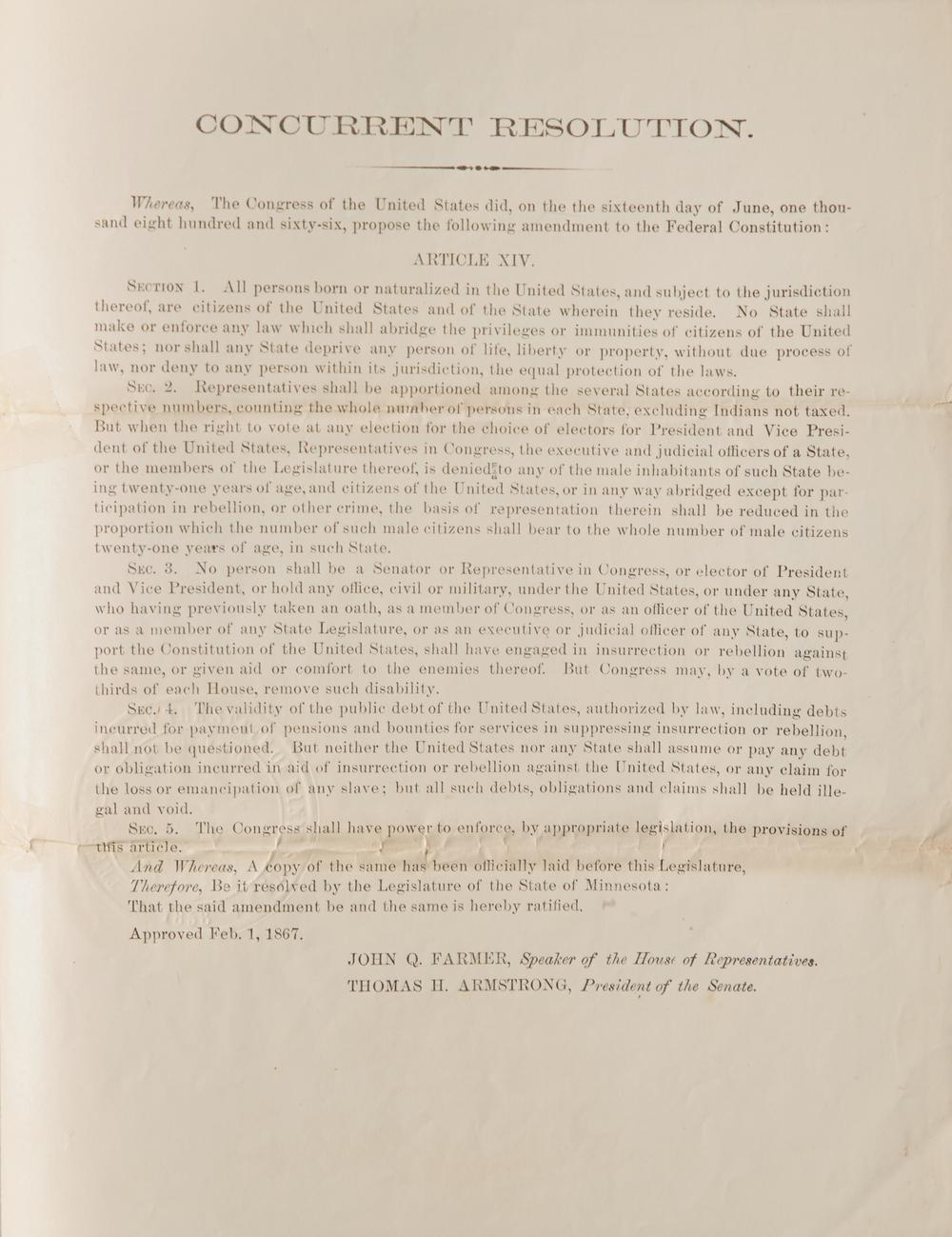 [African-Americana] (Fourteenth Amendment) The State of Minnesota Officially Certifies the Fourteenth Amendment to the Constitution Of the United States