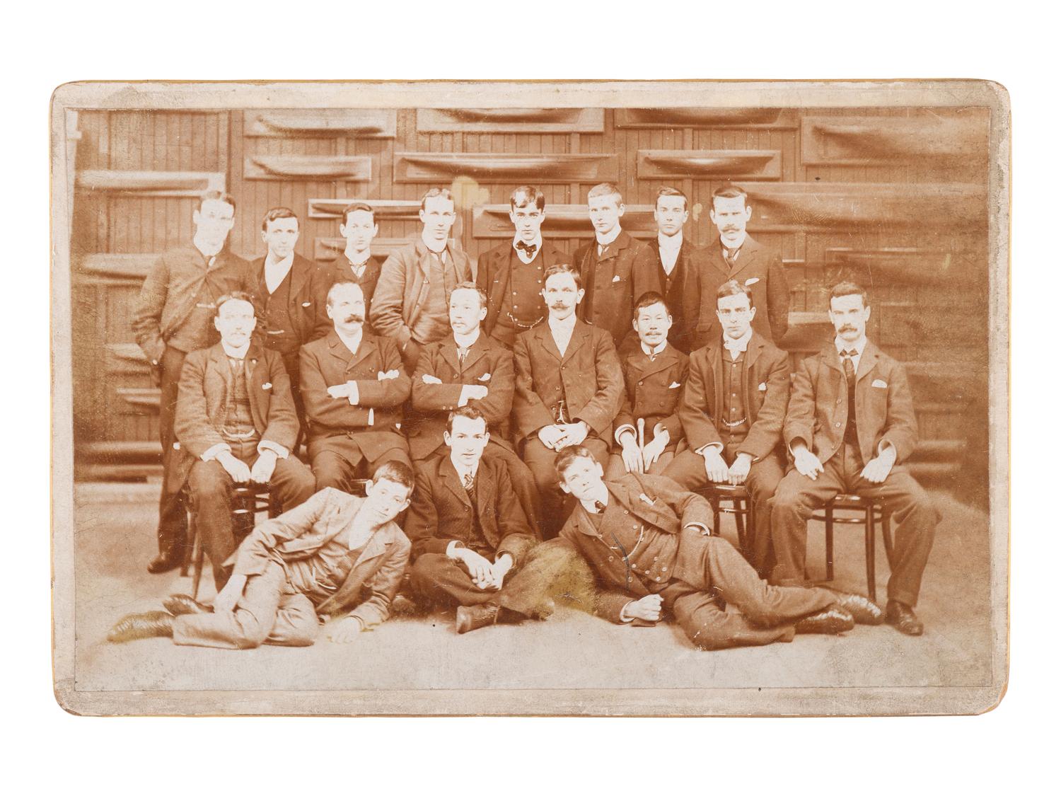 [EARLY PHOTOGRAPHY]. Sixth plate ambrotype of fishermen posed humorously. [ With: ] Cabinet card.