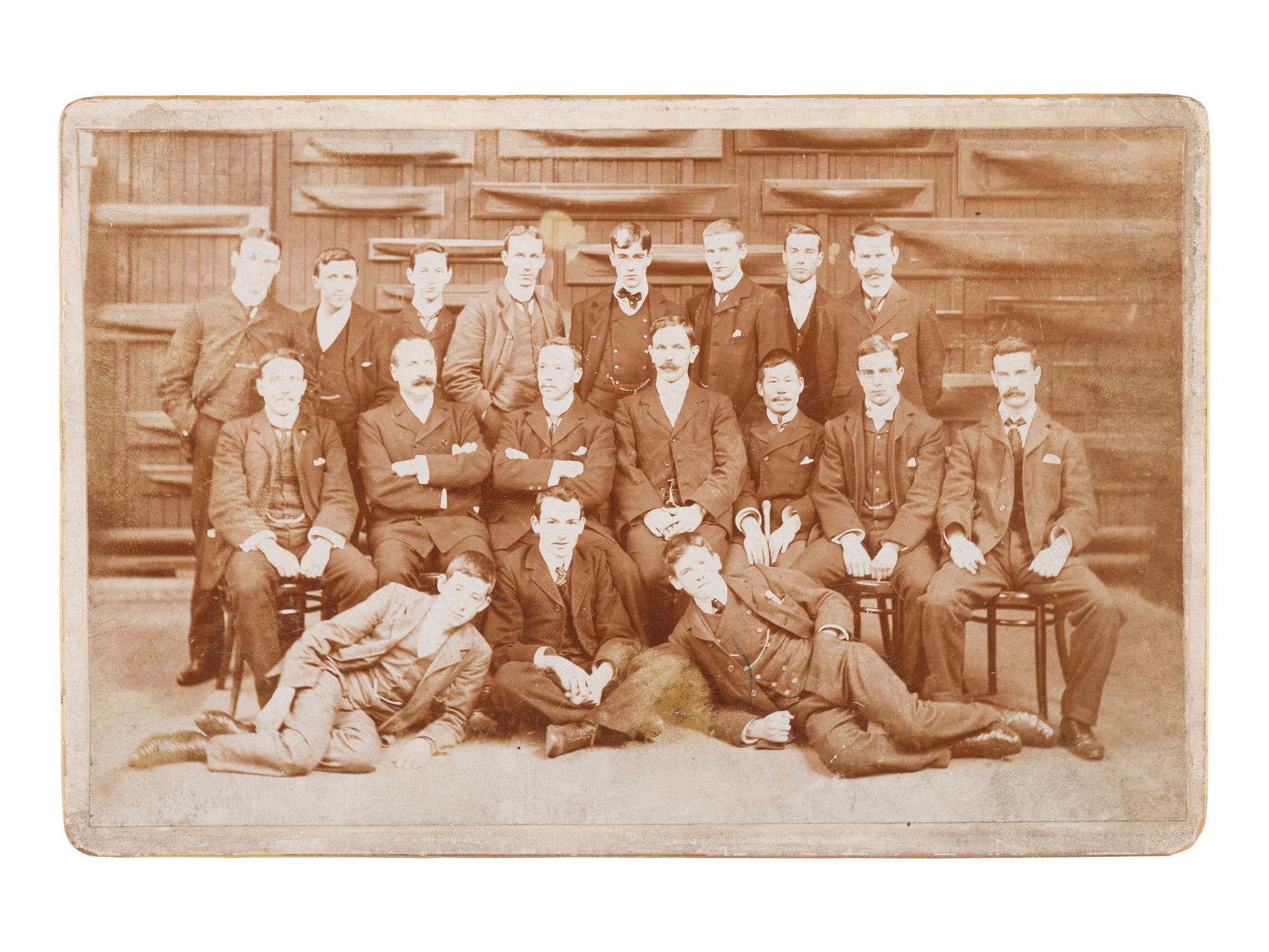 [EARLY PHOTOGRAPHY]. Sixth plate ambrotype of fishermen posed humorously. [ With: ] Cabinet card.