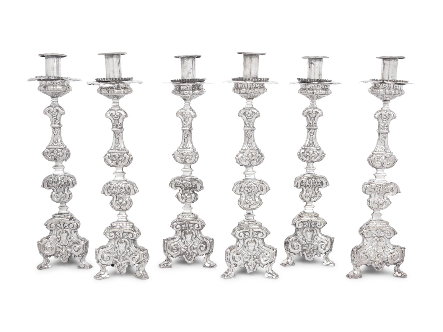 A Set of Six Italian Silver-Plate Altar Candlesticks