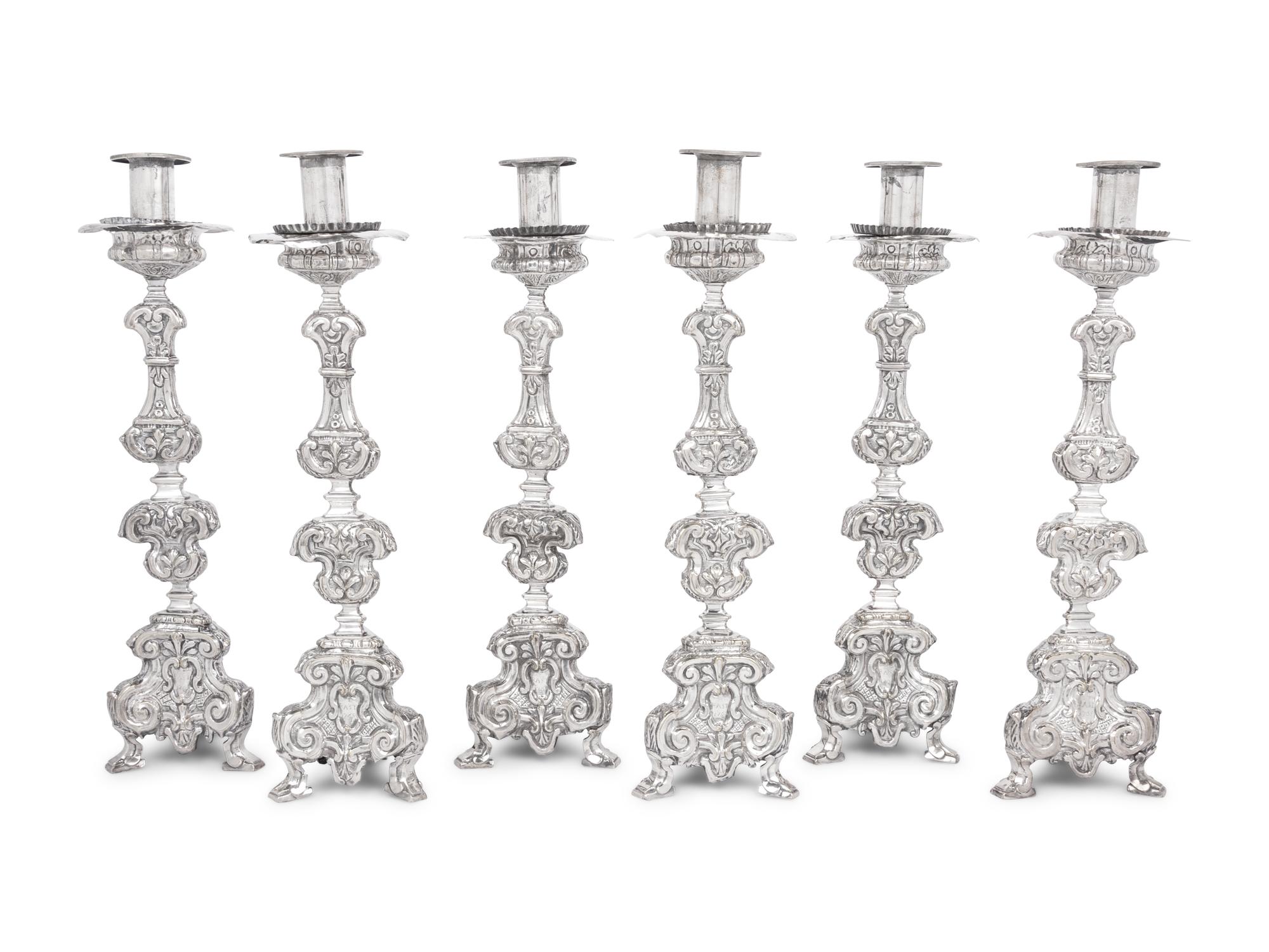 A Set of Six Italian Silver-Plate Altar Candlesticks