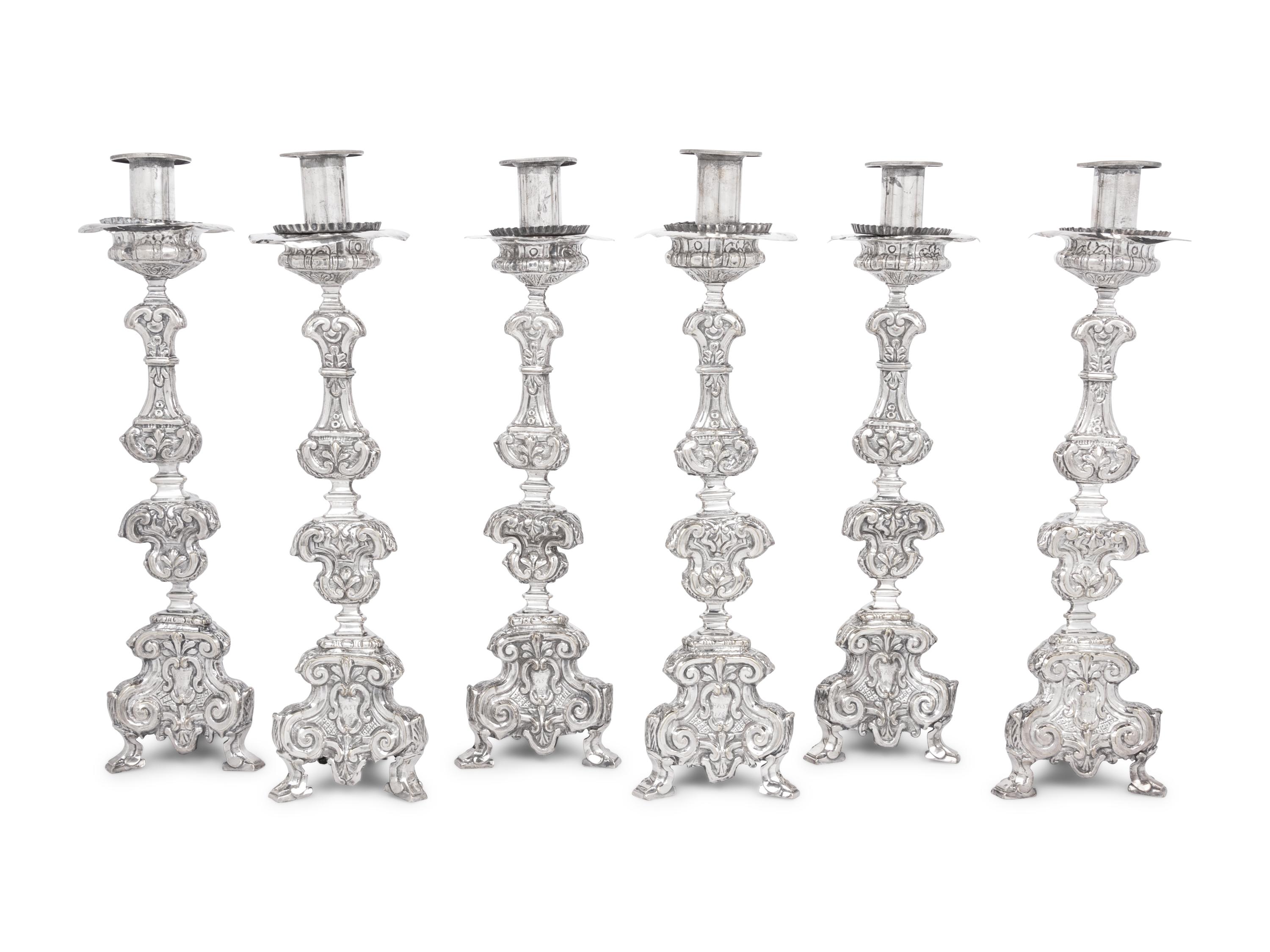 A Set of Six Italian Silver-Plate Altar Candlesticks