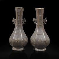 A pair of Chinese patinated bronze hexagonal bottle vases 铜加漆六边方瓶一对 Yuan dynasty ?