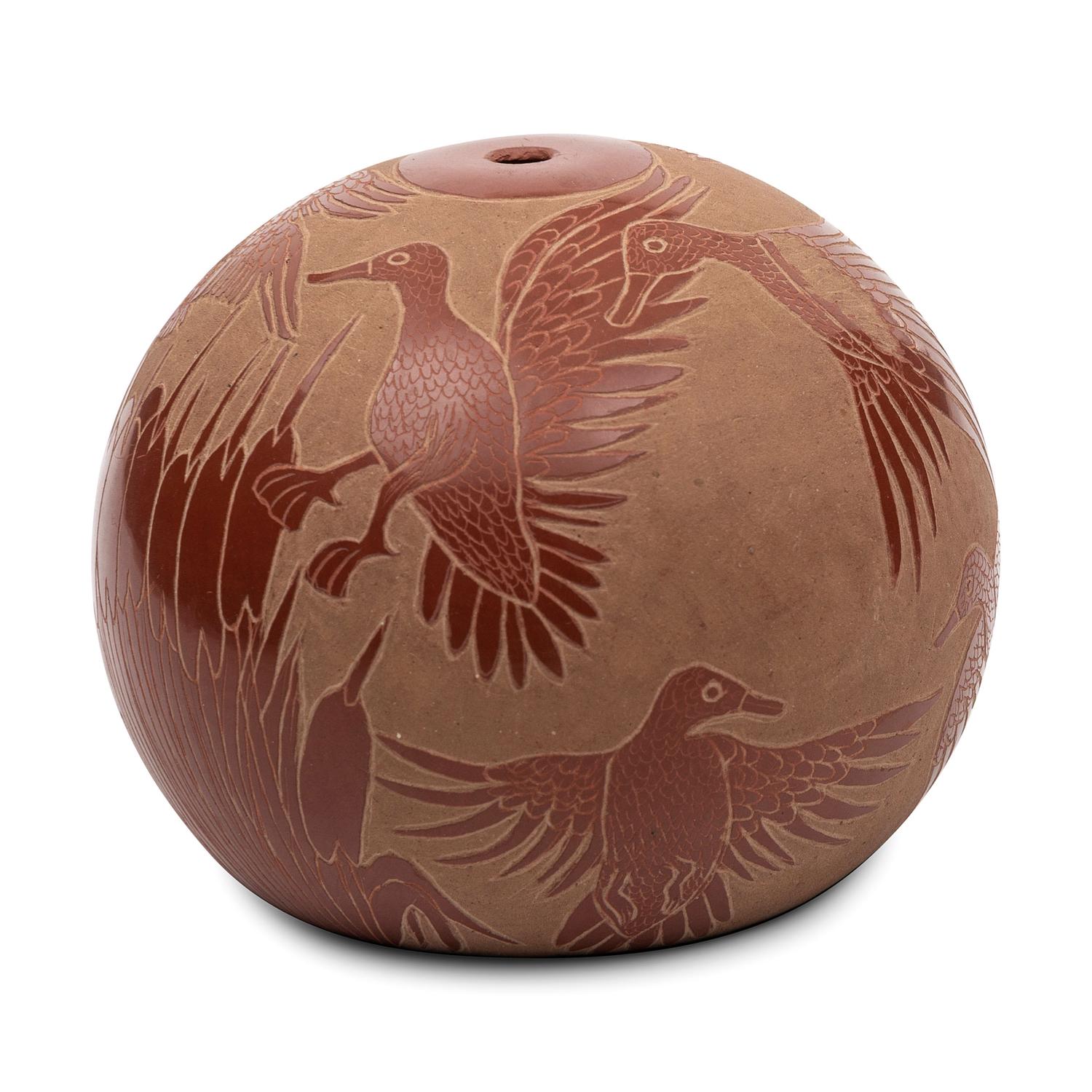 Redware Sgraffito Pottery Seed Jar, with Ducks