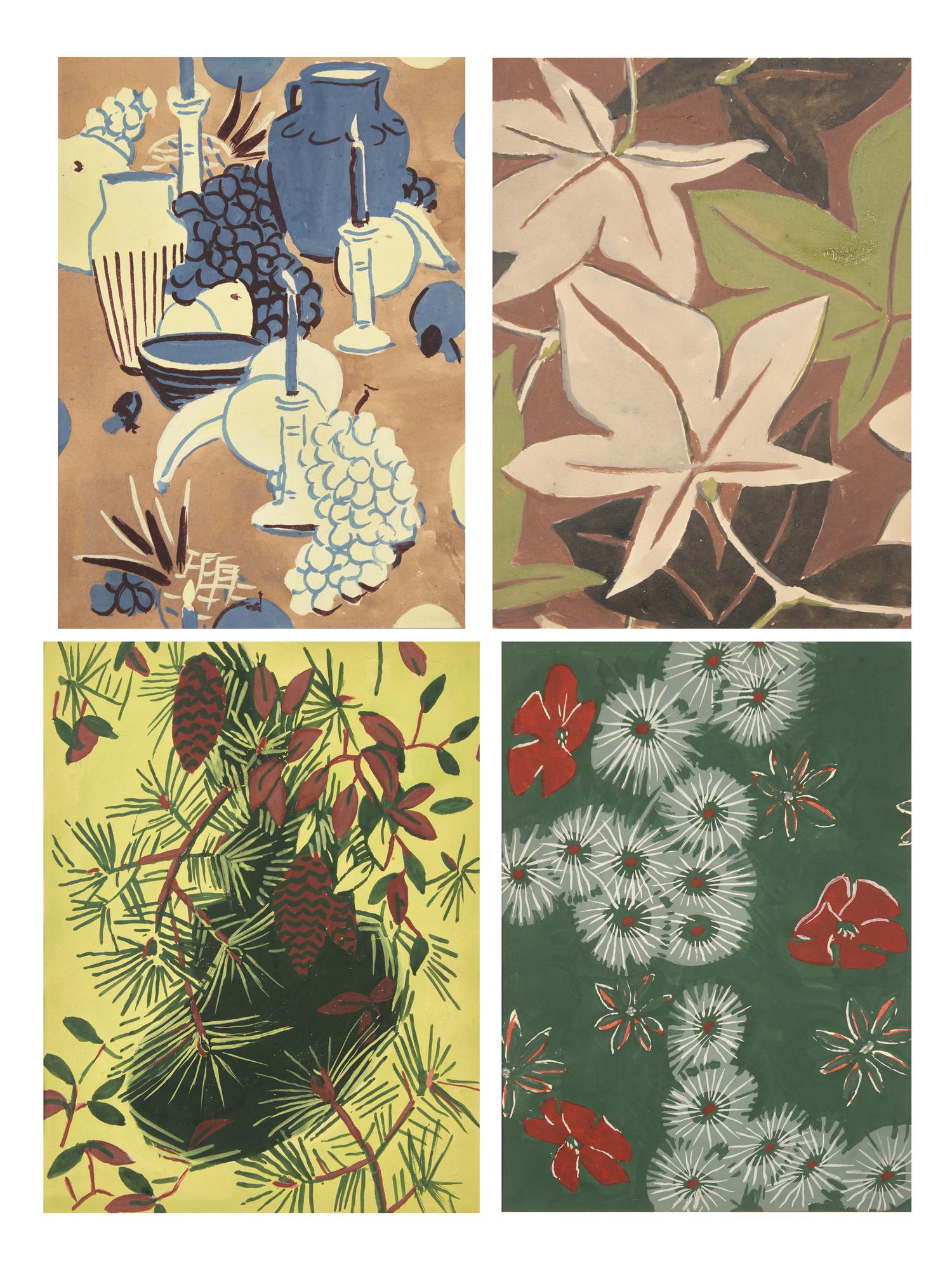 Four Studies for Designs: Leaf Pattern, Pine; Poplar; Festival, and Flower Pattern (4)