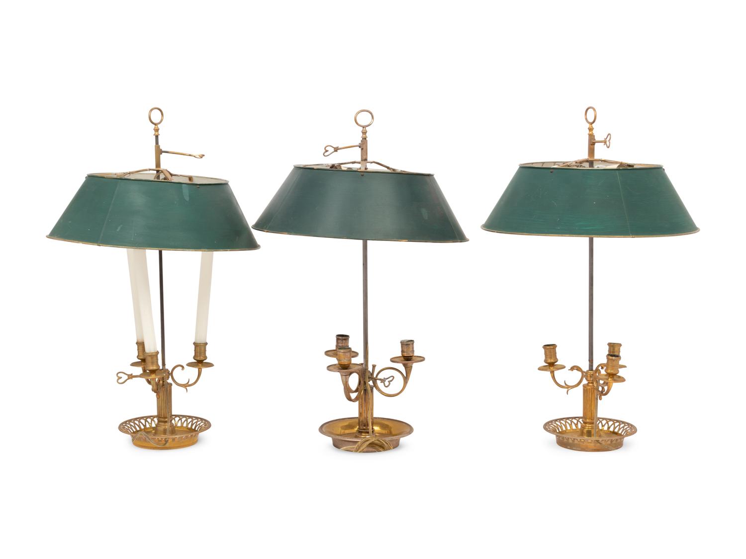 Three French Brass Bouillotte Lamps with Tôle Shades