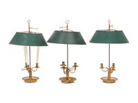 Three French Brass Bouillotte Lamps with Tôle Shades