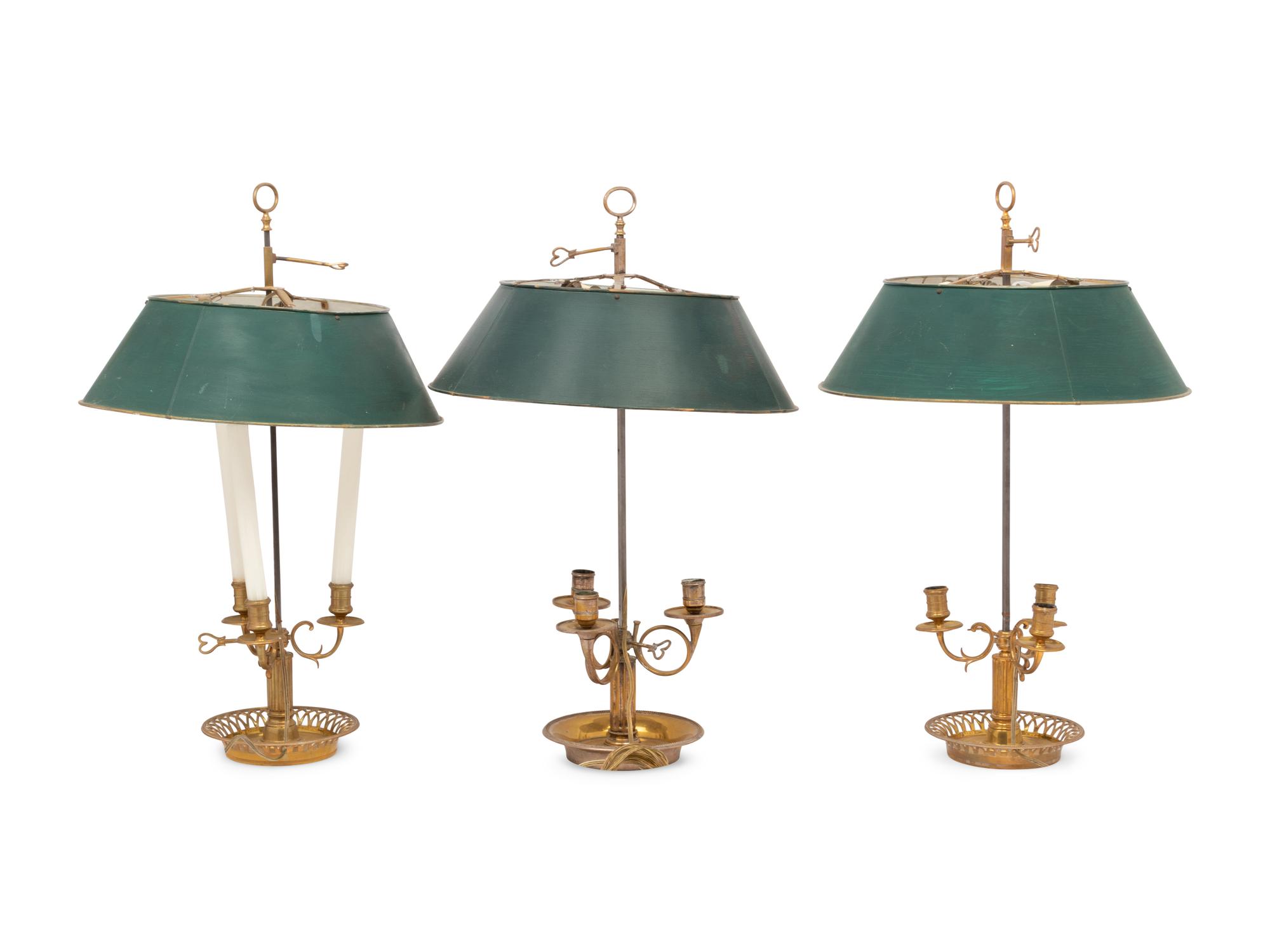 Three French Brass Bouillotte Lamps with Tôle Shades