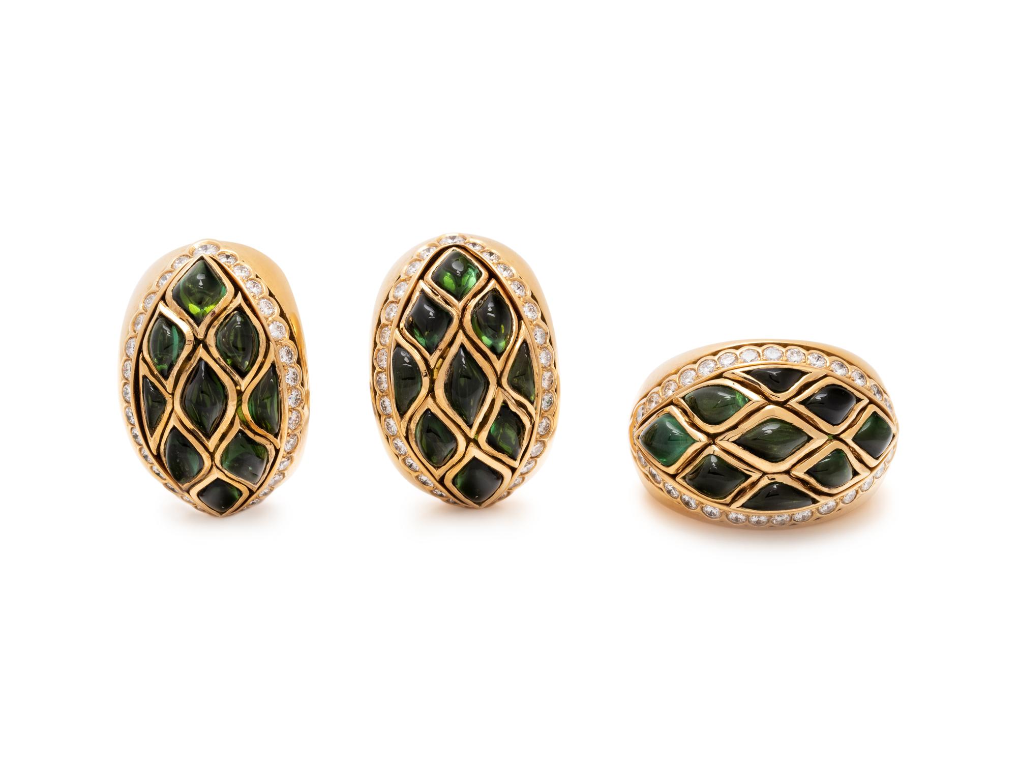 YELLOW GOLD, GREEN TOURMALINE AND DIAMOND SET