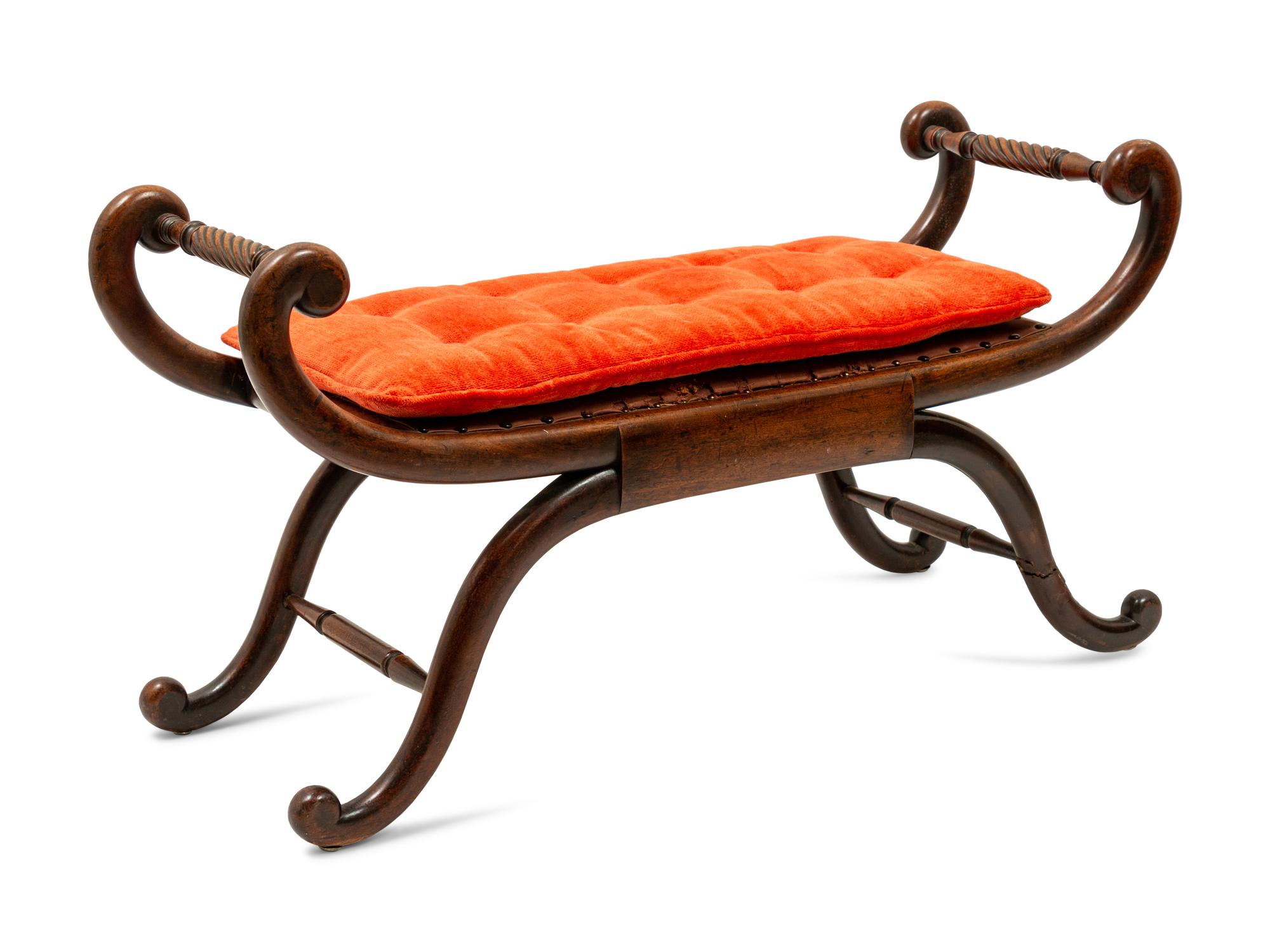 English Regency Curule Bench with Carved Sides and Scrolled Legs