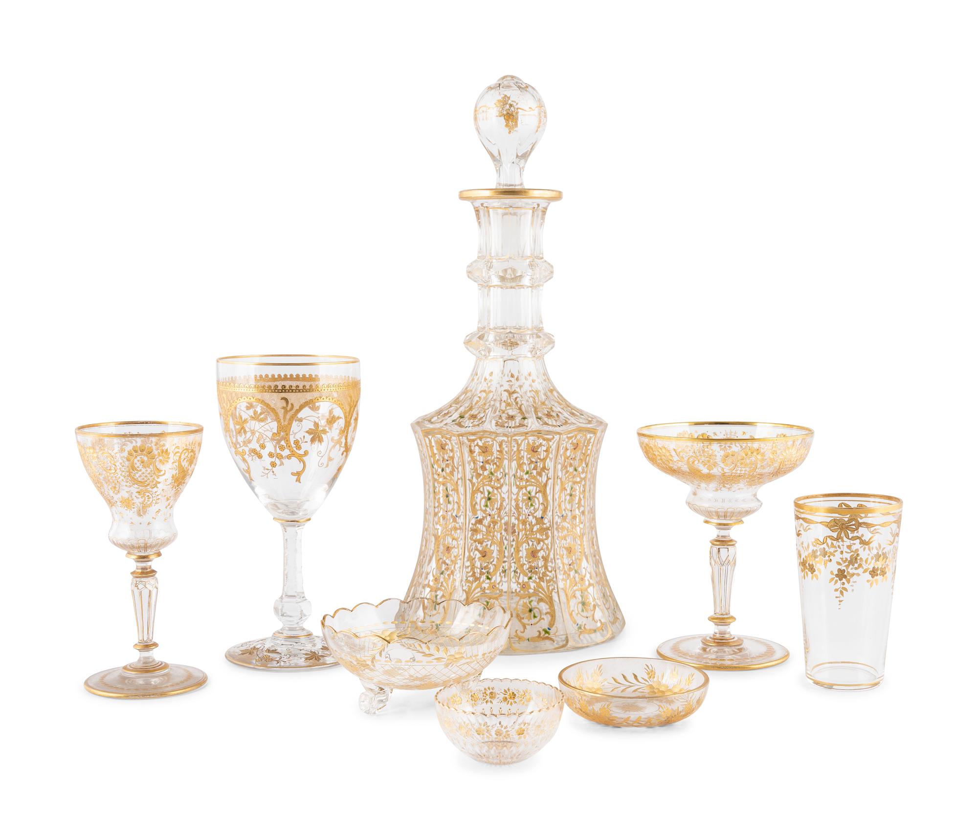 A Collection of French Gilt and Etched Glass Stemware
