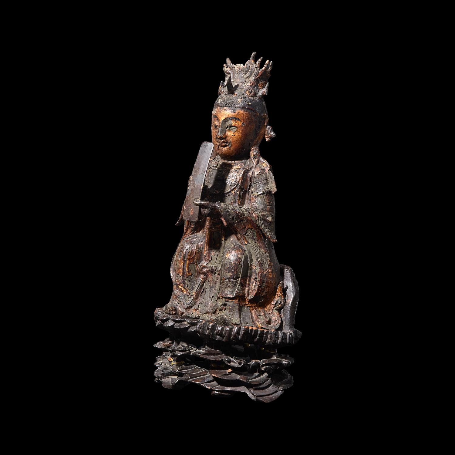 A Chinese Parcel Gilt-Lacquered Bronze Figure of Bixiayuanjun, Ming Dynasty 明 銅局部漆金碧霞元君