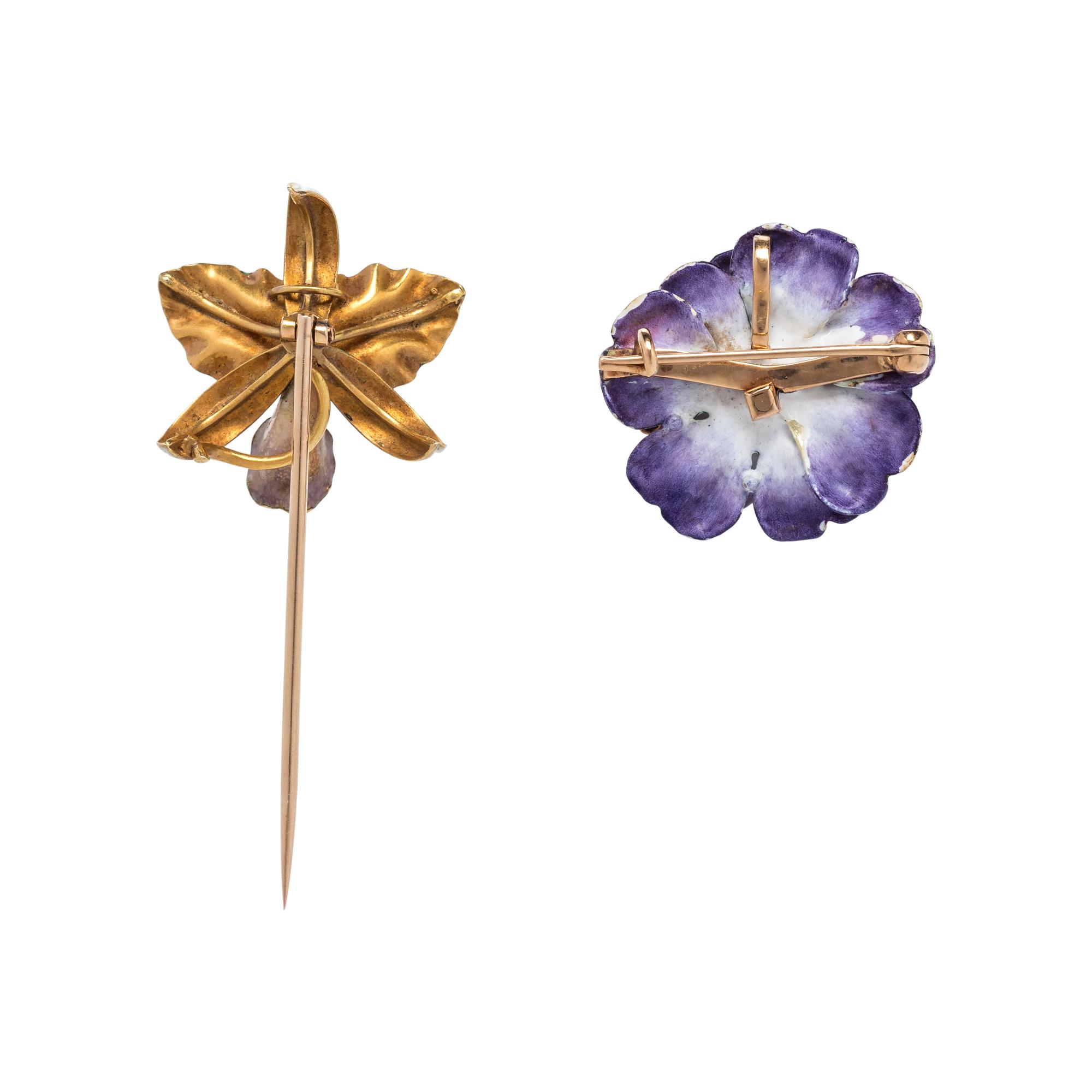 COLLECTION OF ANTIQUE ENAMEL AND DIAMOND FLOWER BROOCHES