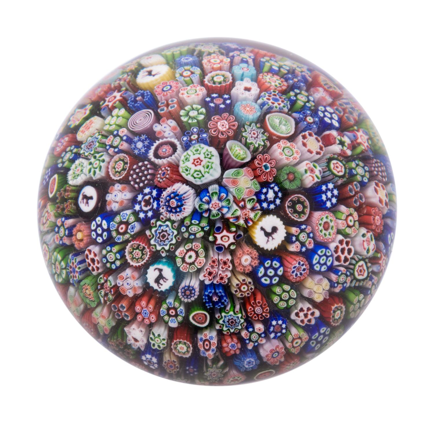 A Four-Color Ribbon and Latticino Twist Crown Glass Paperweight