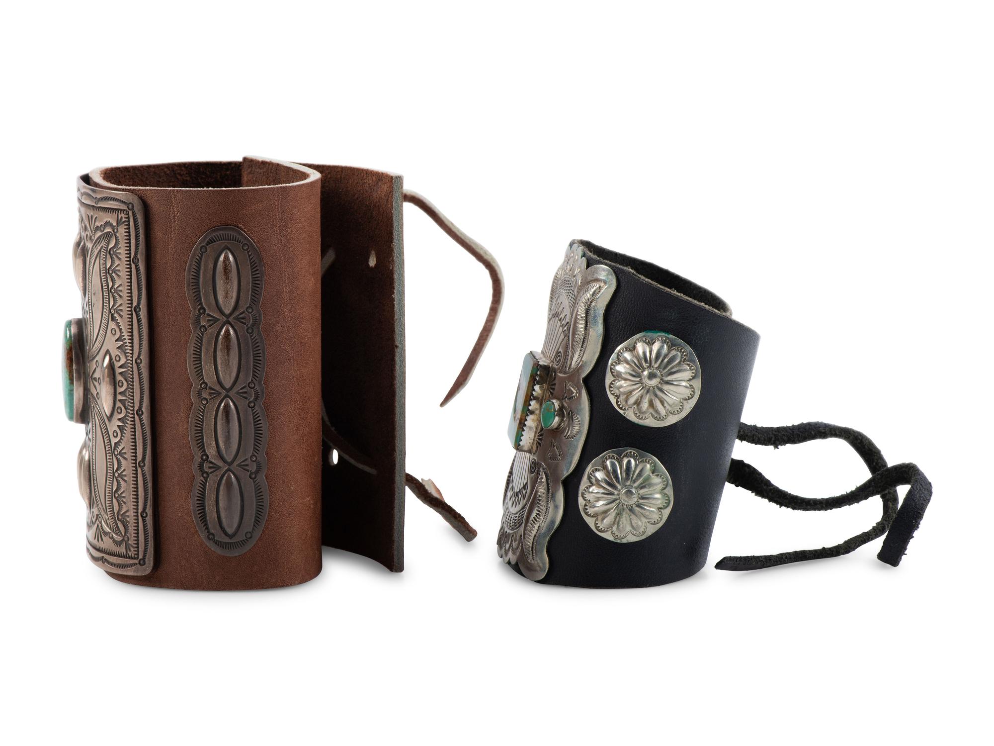Pair of Navajo Silver and Turquoise Ketohs, with Stamping and Repousse