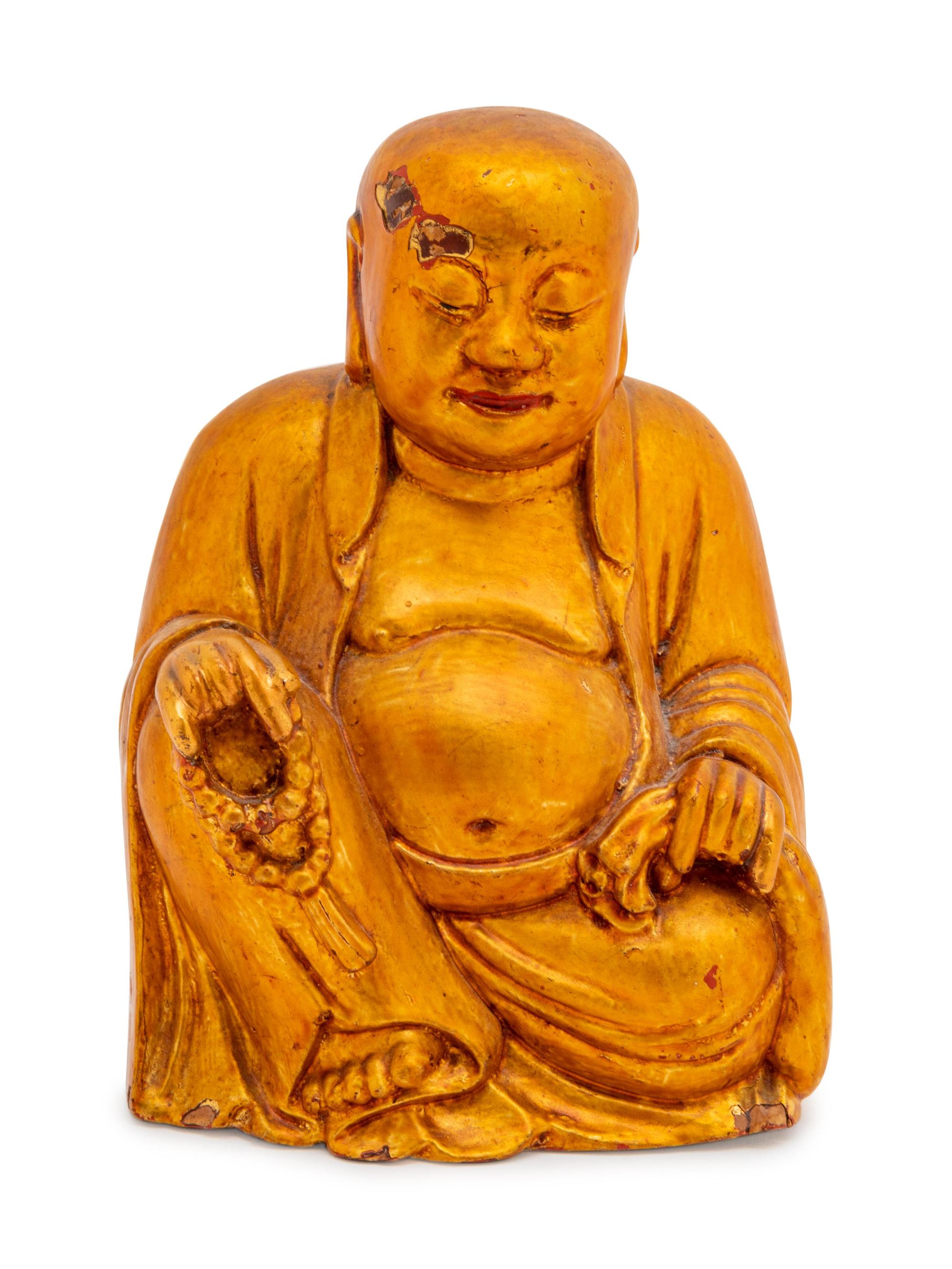 A Chinese Gilt Lacquered Wood Figure of Mile Buddha