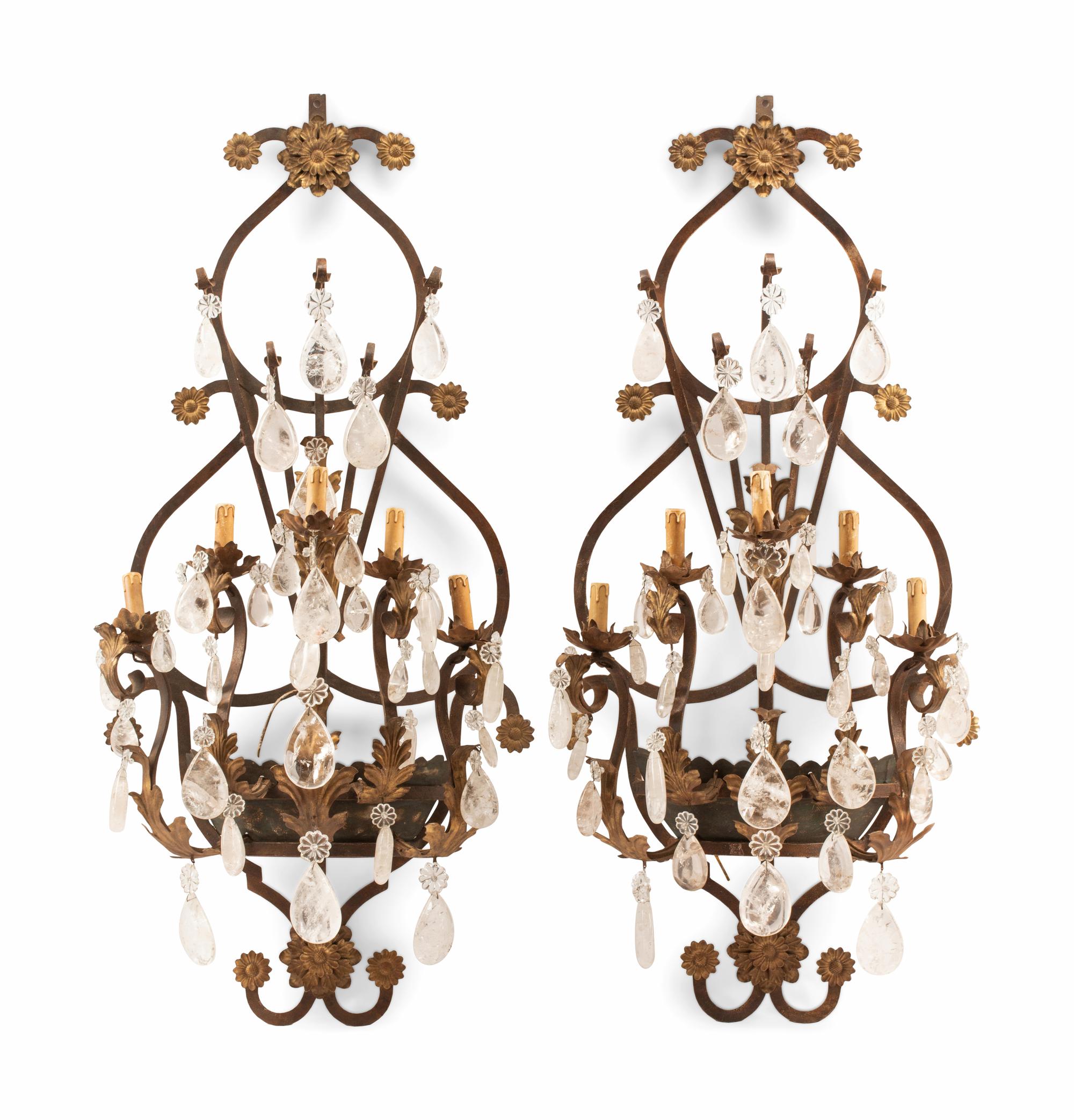 A Pair of Spanish Iron and Rock Crystal Five-Light Sconces