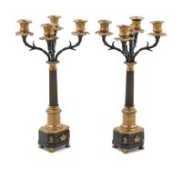 A Pair of Empire Gilt and Patinated Bronze Four-Light Candelabra