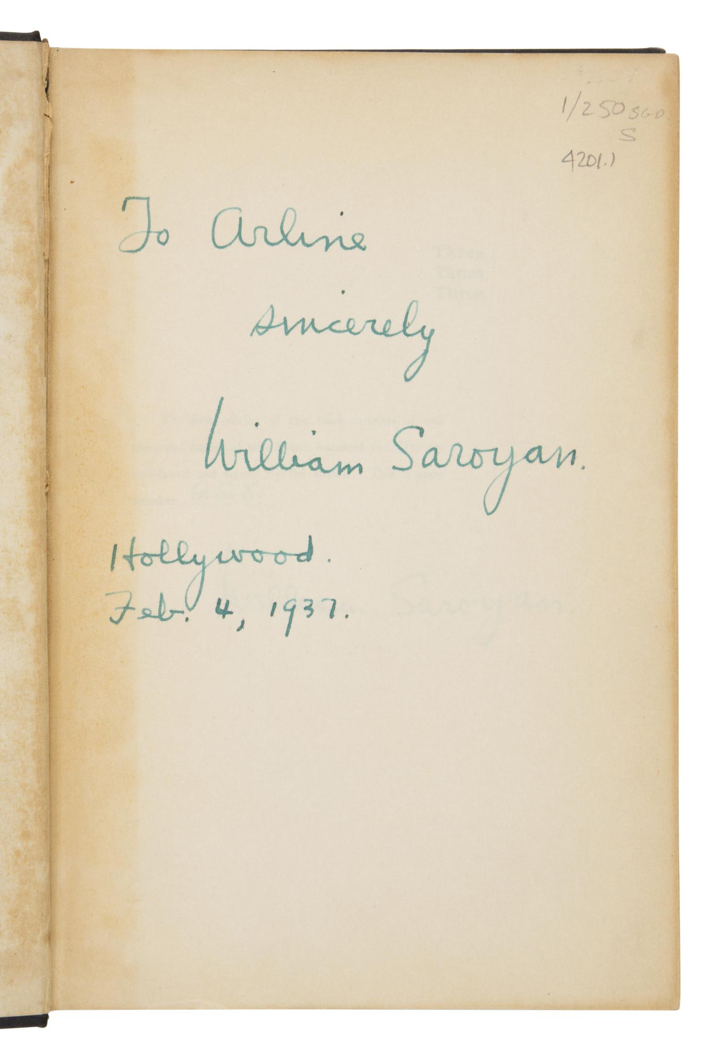 Saroyan, William (1908-1991). A pair of first editions, both inscribed, comprising:
