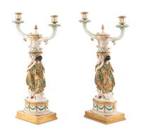 A Pair of Capodimonte Porcelain Figural Two-Light Candelabra