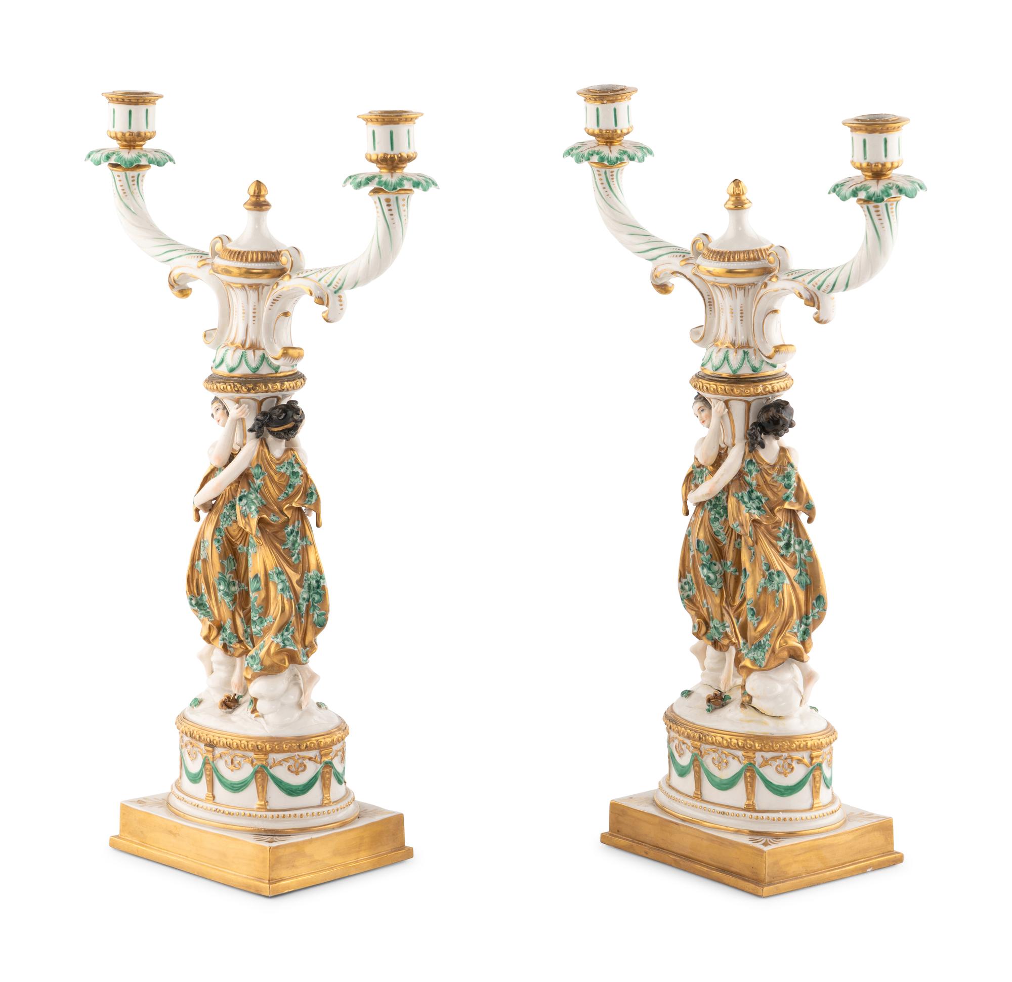 A Pair of Capodimonte Porcelain Figural Two-Light Candelabra