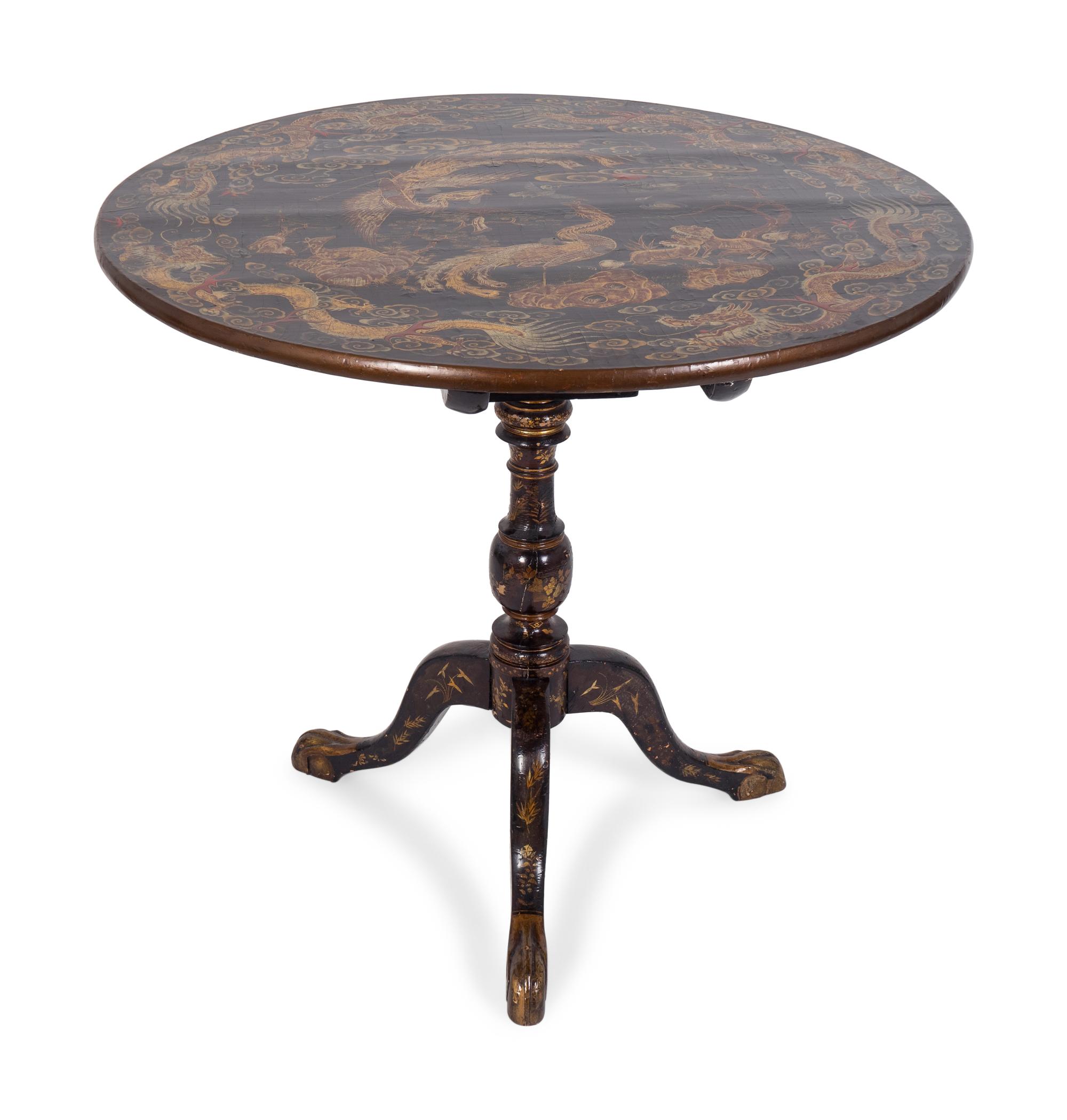 A Chinese Export Gilt-Decorated Black Lacquer Tilt-Top Tripod Table — FIRST HALF-19TH CENTURY