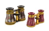 Two Pairs of French Mother-of-Pearl Veneered Opera Glasses, Lemaire, Width of wider 4 3/8 inches.