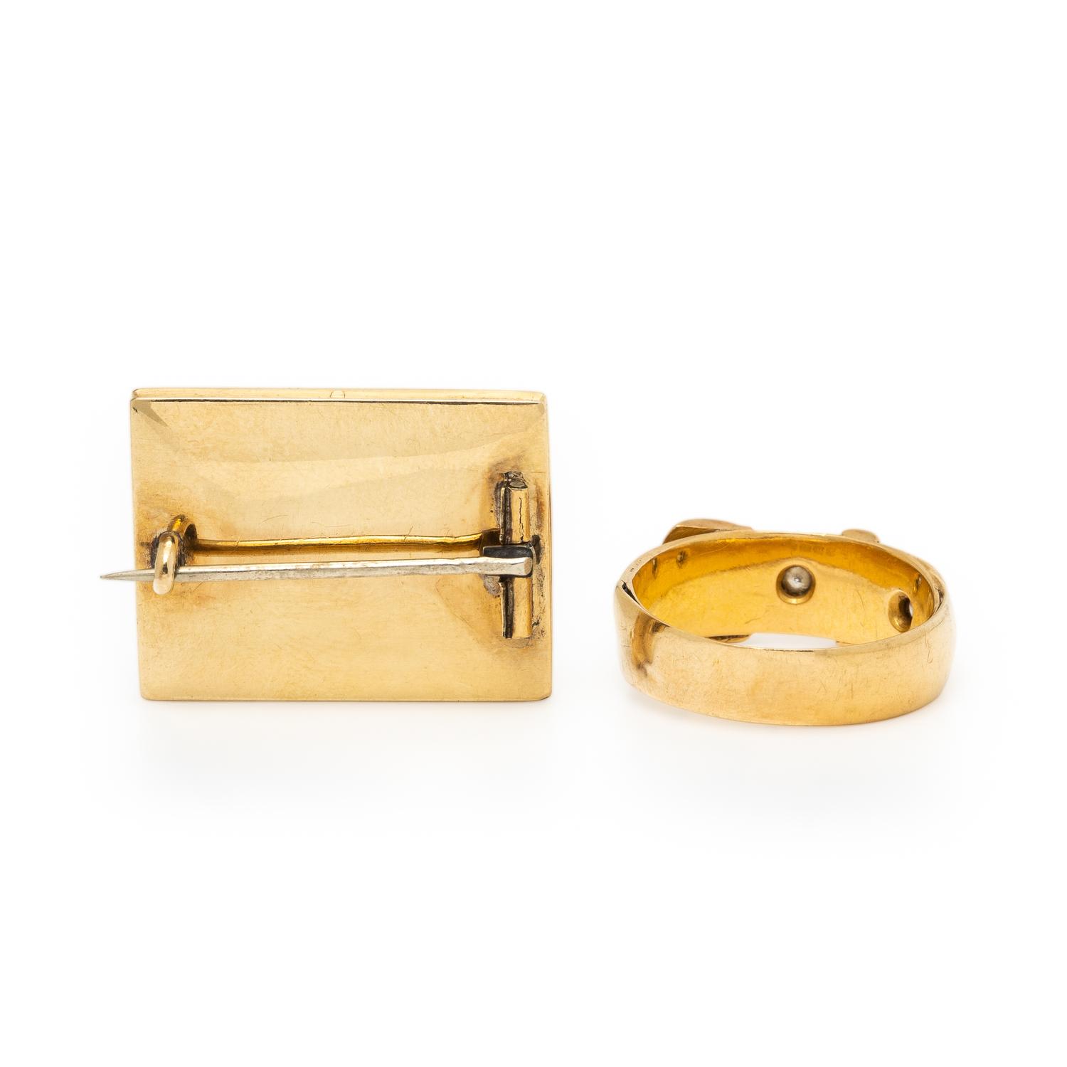 Victorian, Seed Pearl Mourning Brooch and Yellow Gold and Diamond Buckle Ring