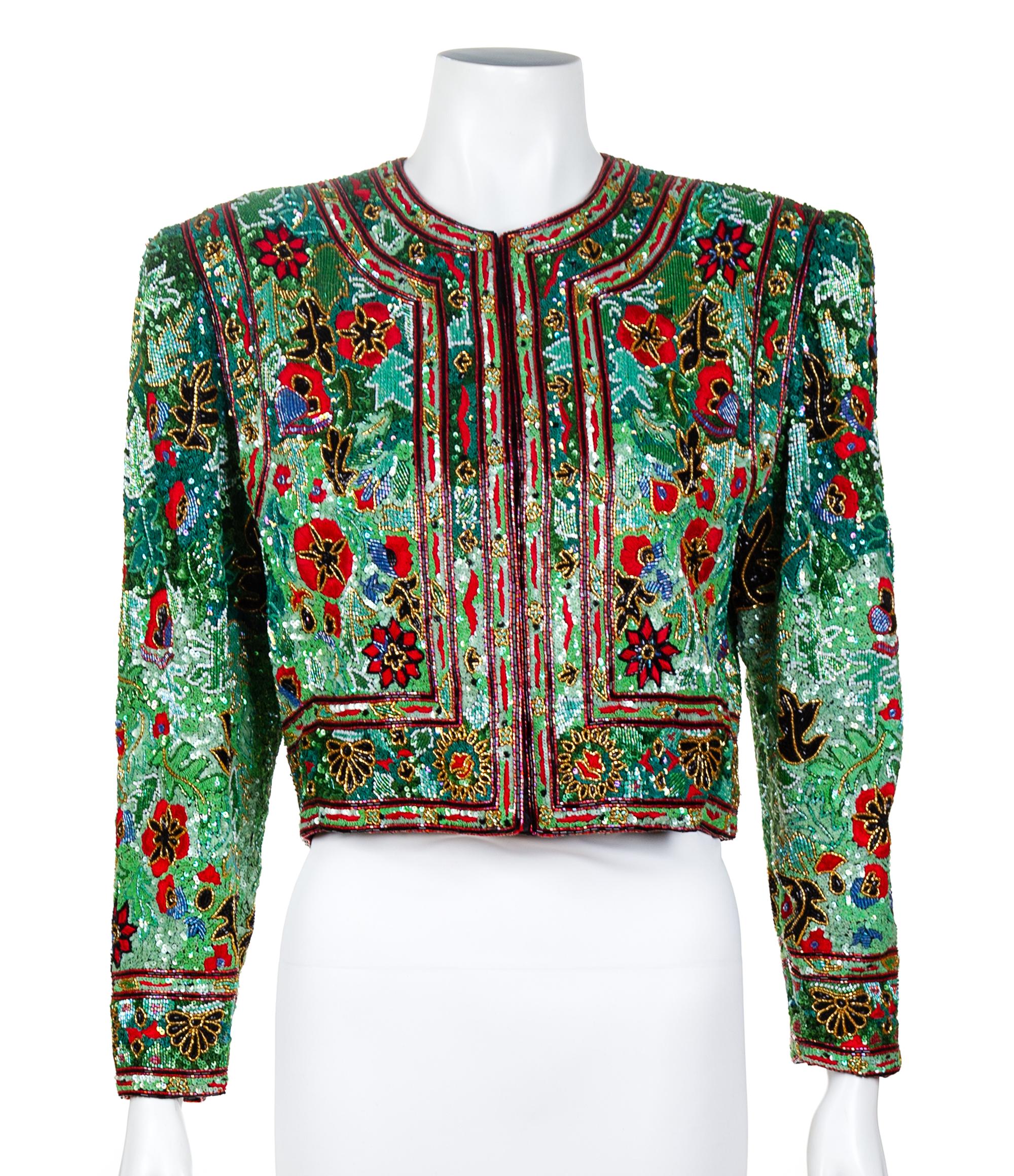 Jeanette for St. Martin Green Beaded Sequin Bolero, 1980-90s