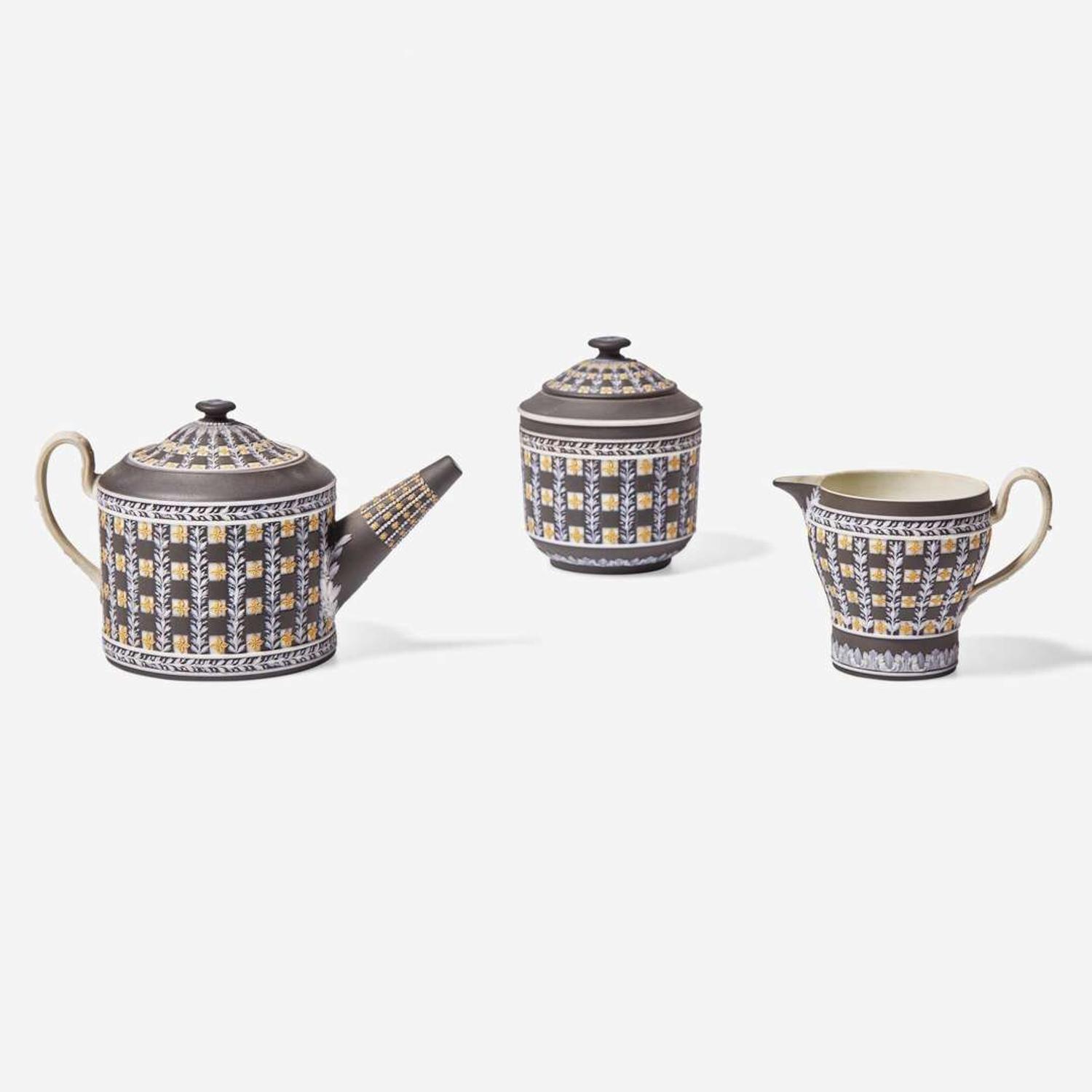 A Three-Piece Wedgwood Three Color Diceware Jasperware Tea Set UK, 19th century