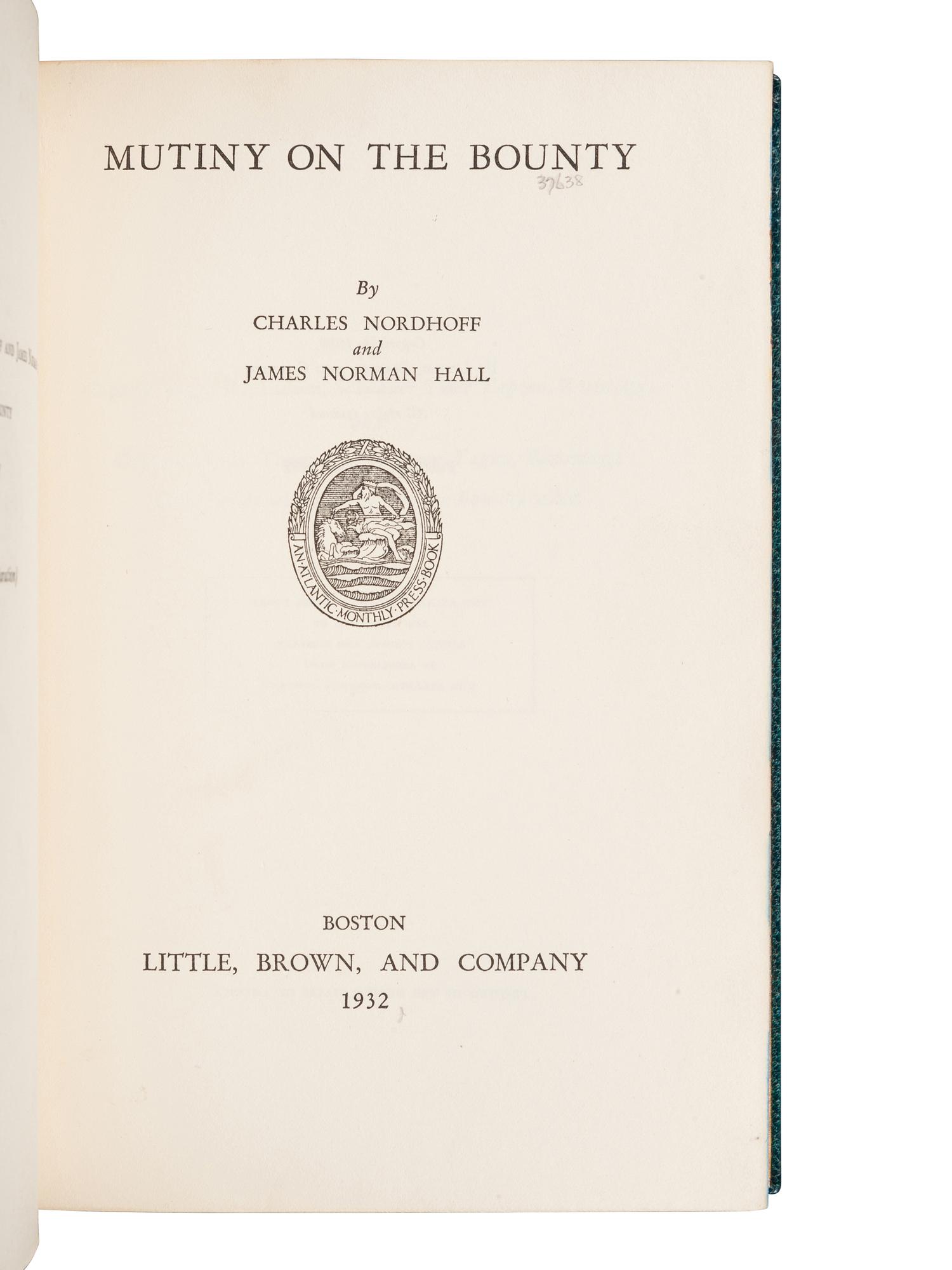 [FORE-EDGE PAINTING]. NORDHOFF, Charles (18878-1947). -- HALL, James Norman (1887-1951). Mutiny on the Bounty. Boston: Little, Brown, and Company, 1932.