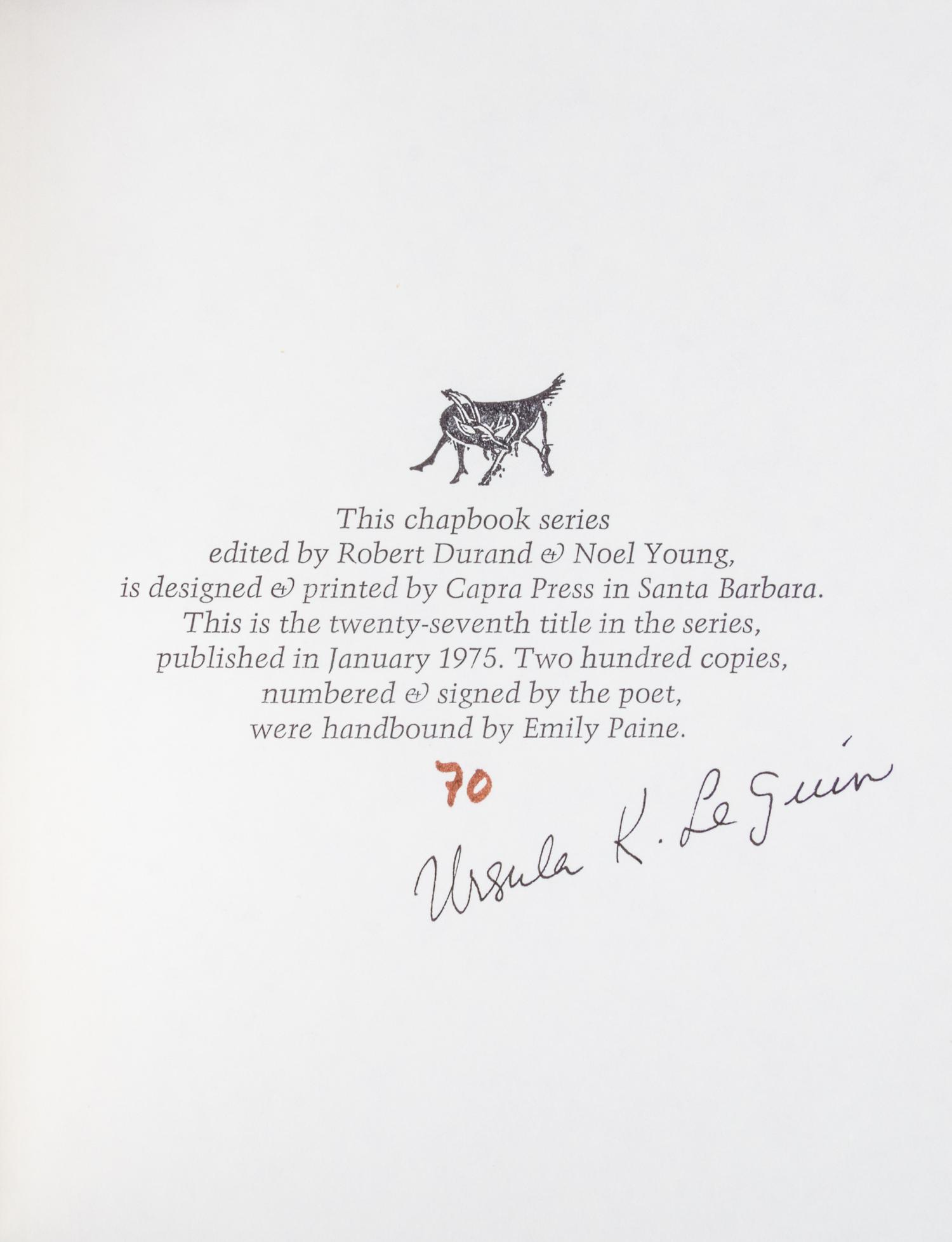 LE GUIN, Ursula K. (b.1929). A group of 7 works in 6 vols., including many Limited Editions SIGNED BY LE GUIN, & other FIRST EDITIONS.