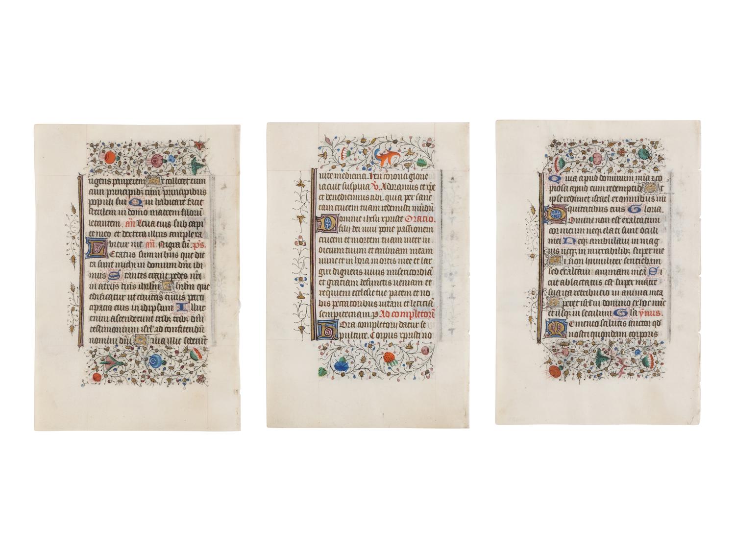 BRUGES WORKSHOP Three leaves from a Book of Hours, Use of Rome, in Latin, illuminated manuscript on parchment [Southern Netherlands, Bruges, c. 1460]
