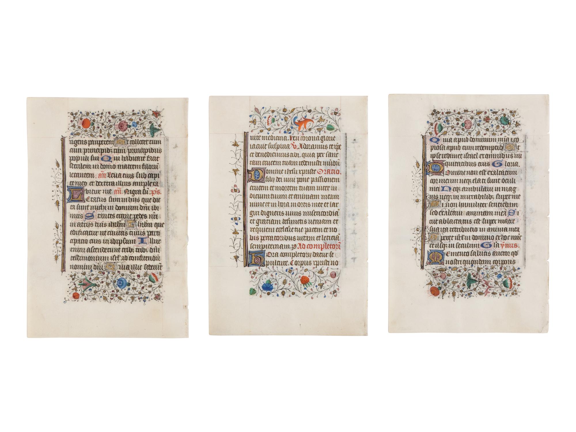 BRUGES WORKSHOP Three leaves from a Book of Hours, Use of Rome, in Latin, illuminated manuscript on parchment [Southern Netherlands, Bruges, c. 1460]